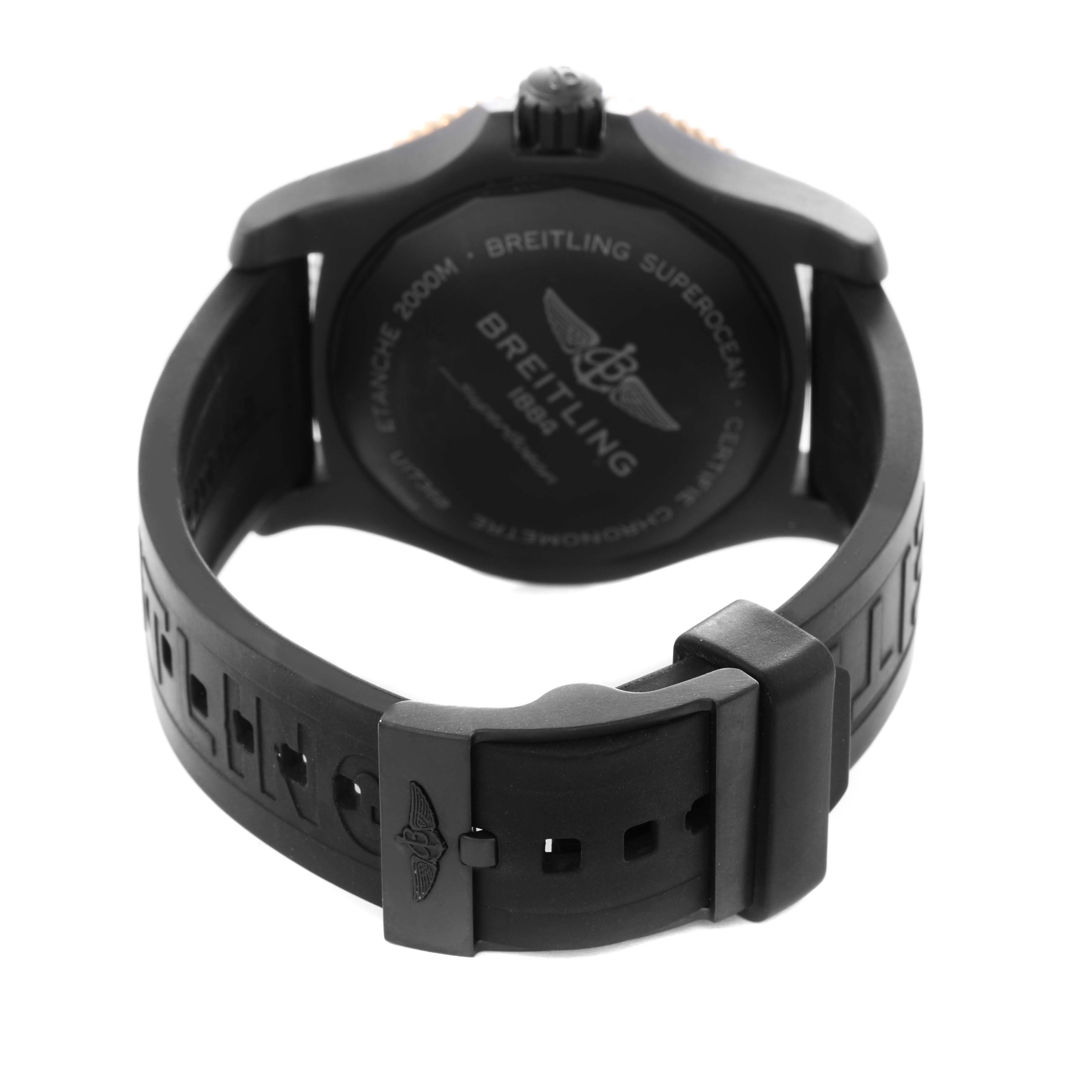 The image shows the back of the Breitling Superocean model U17368 men
s watch, focusing on the case back and rubber strap from a rear angle.