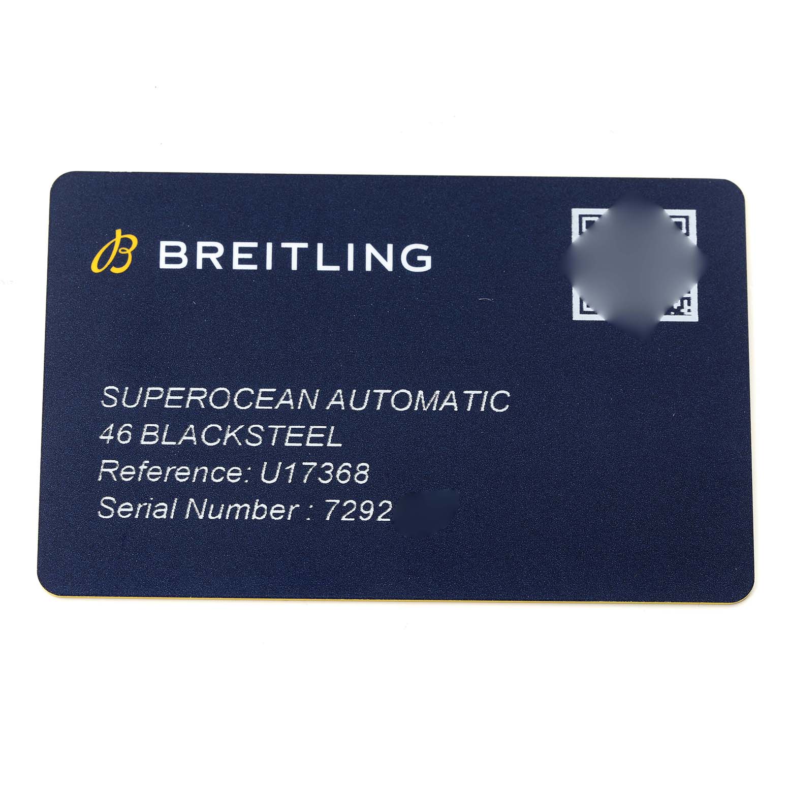The image shows a warranty or Best Quality
ity card for the Breitling Superocean model, reference U17368, with text detailing the model and serial number.