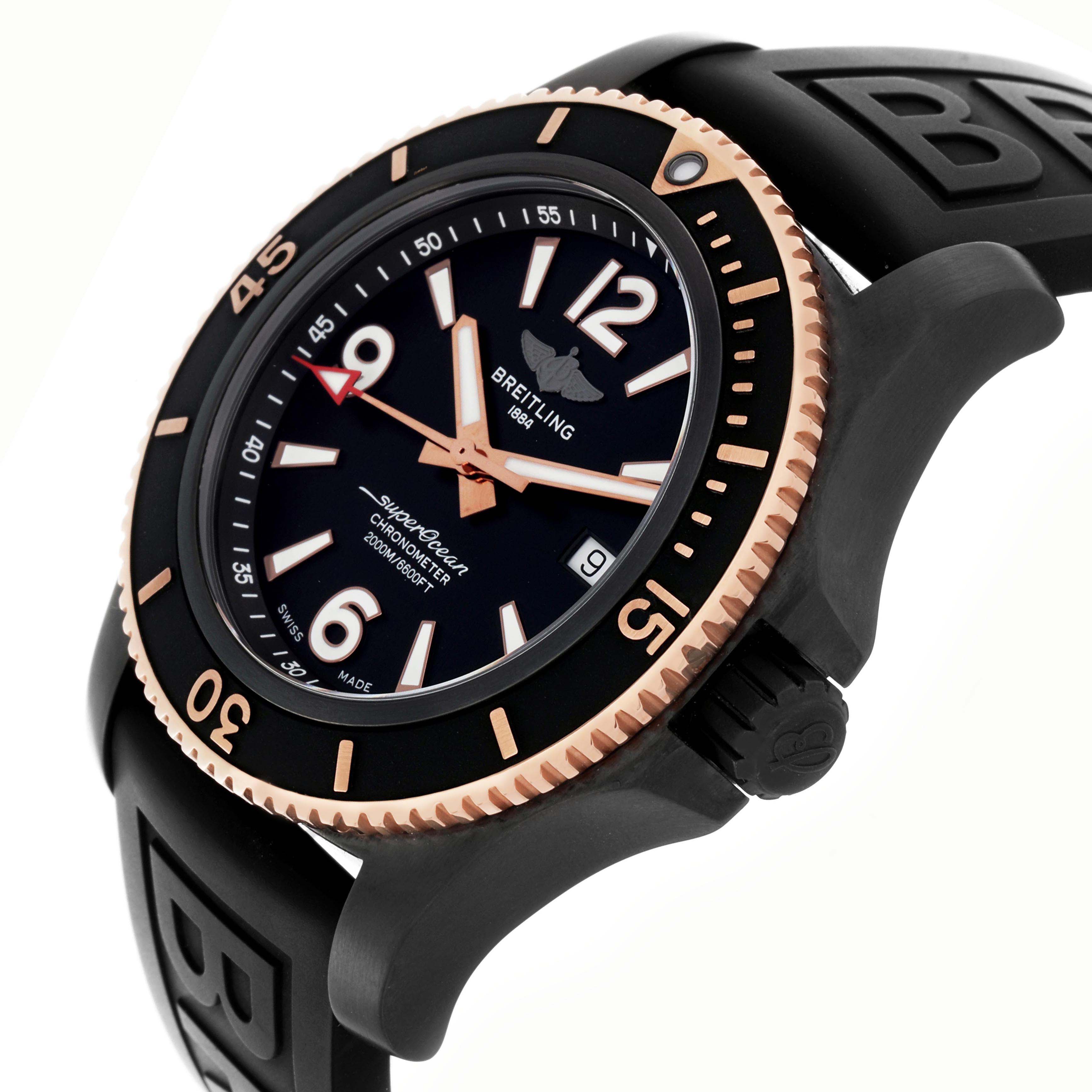 The Breitling Superocean model U17368 men
s watch is shown at an angled view, highlighting the rose gold and black bezel, black dial, crown, and rubber strap.