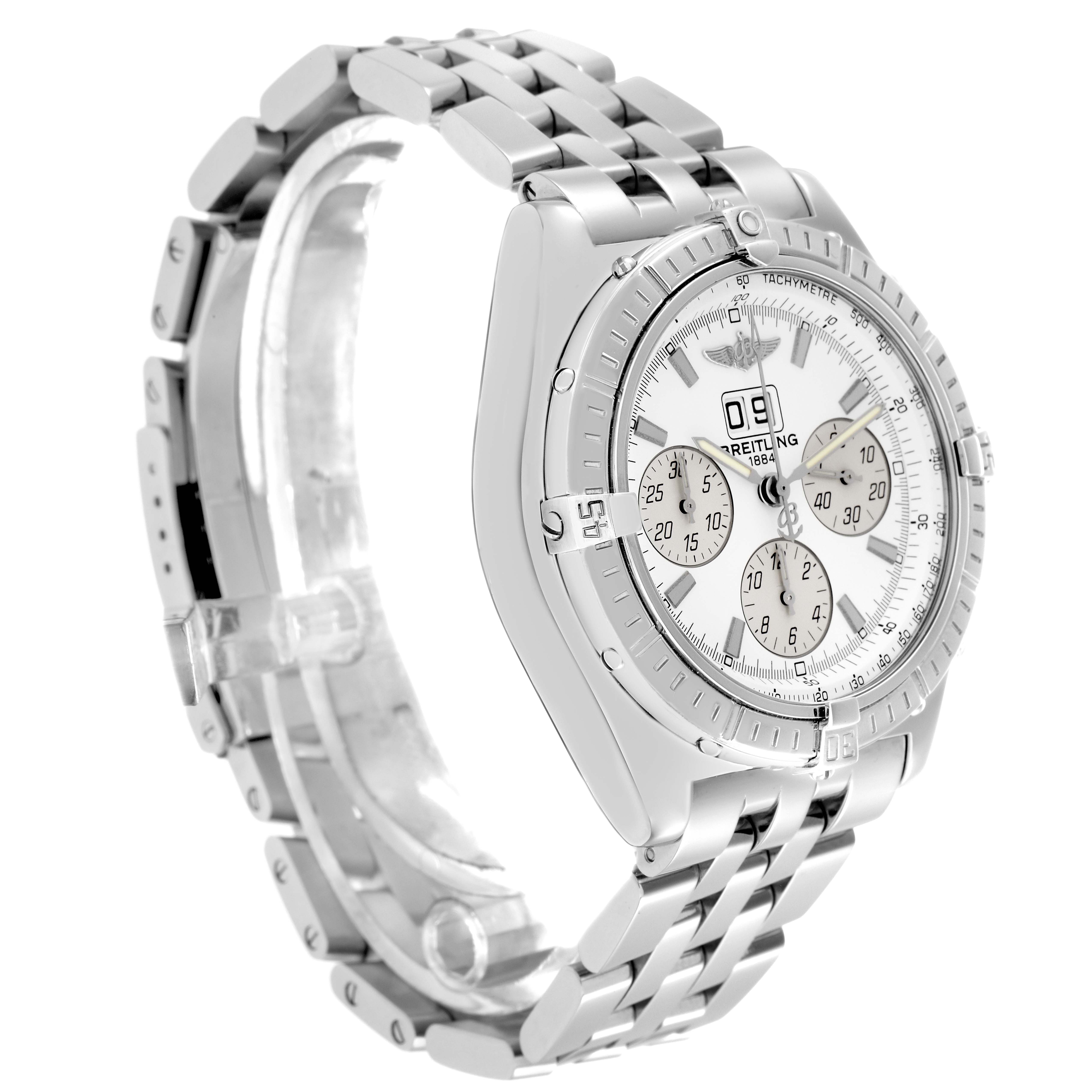 The image shows a Breitling Windrider A44355 men
s watch at a slight angle, highlighting its bracelet, bezel, and dial with subdials.