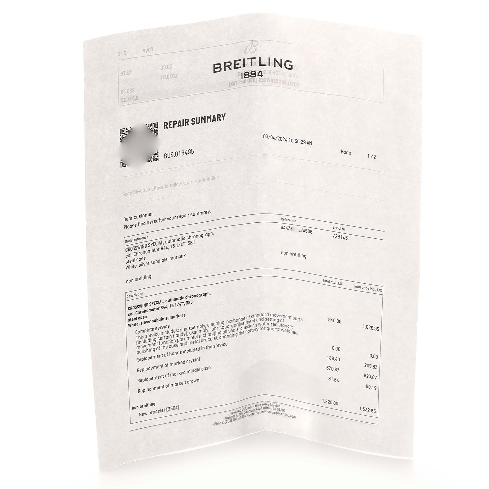 The image shows a Breitling Windrider A44355 Men
s Stainless Steel White Dial repair summary document at a slight angle, detailing service information.
