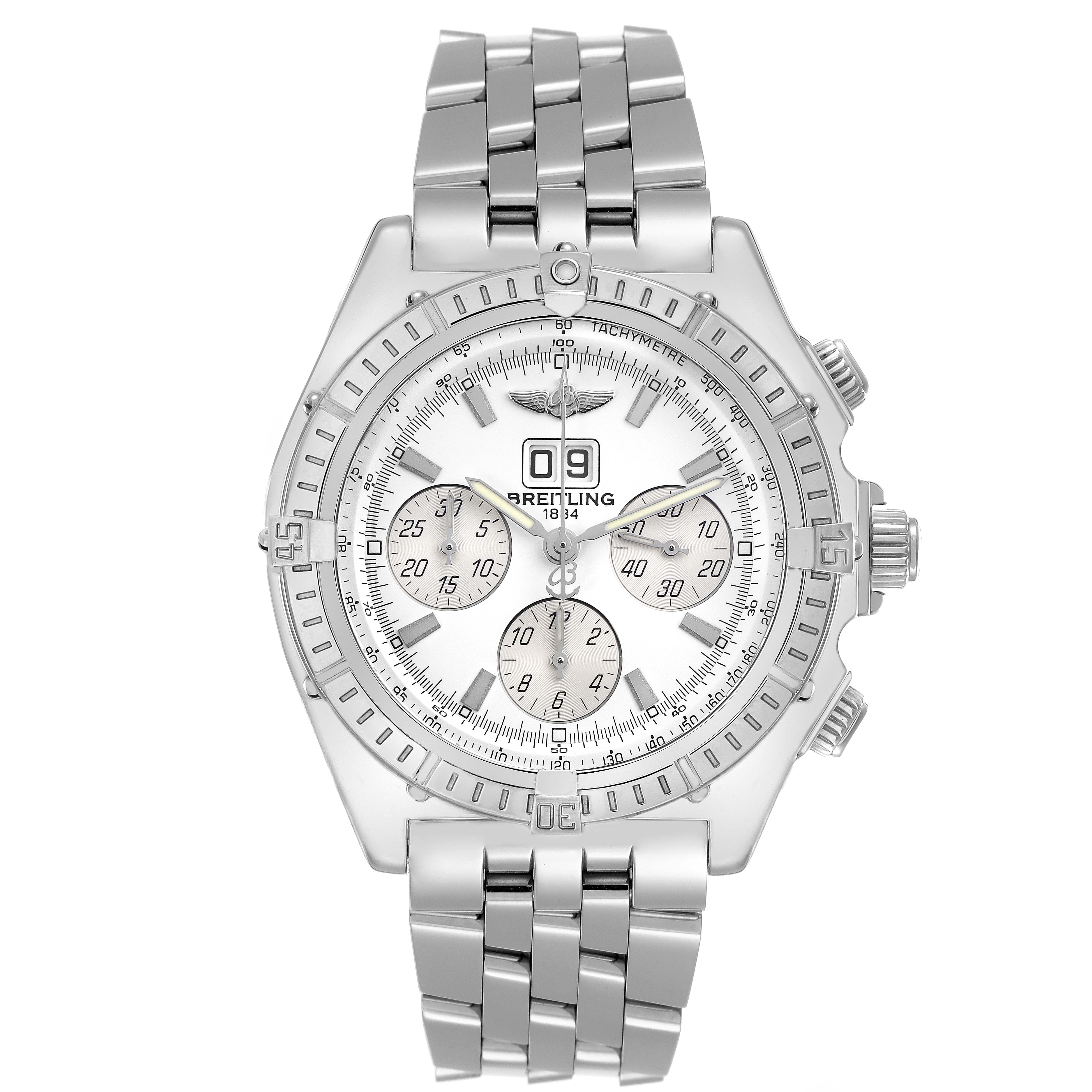 The image shows a Breitling Windrider model A44355 men
s watch from a front angle, highlighting its silver dial, chronograph subdials, and polished metal bracelet.