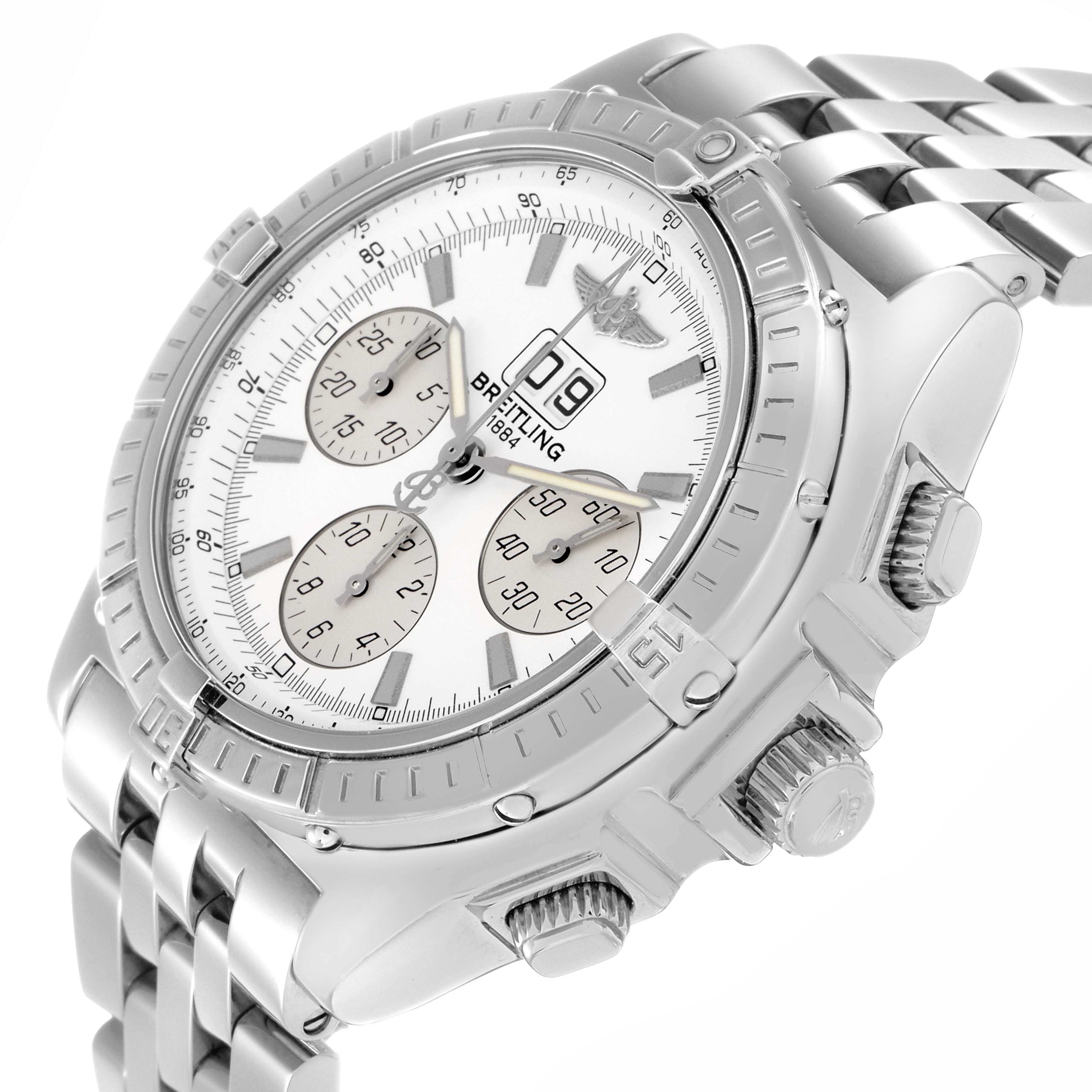 The Breitling Windrider A44355 watch is shown at an angle displaying the dial, bezel, crown, pushers, and part of the metal bracelet.
