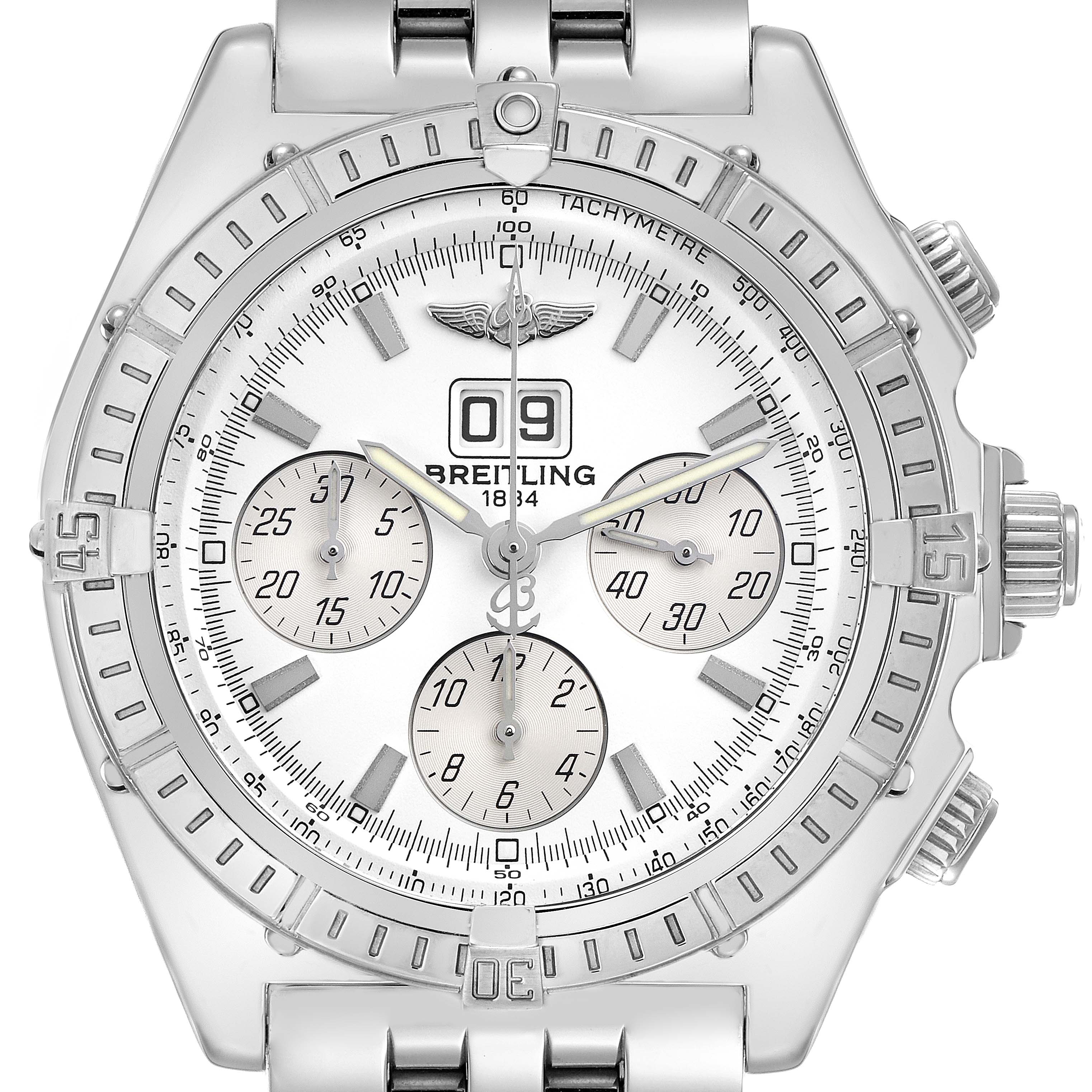 The Breitling Windrider model A44355 is shown from a top-down view, displaying its dial, chronograph subdials, tachymeter bezel, and part of the bracelet.