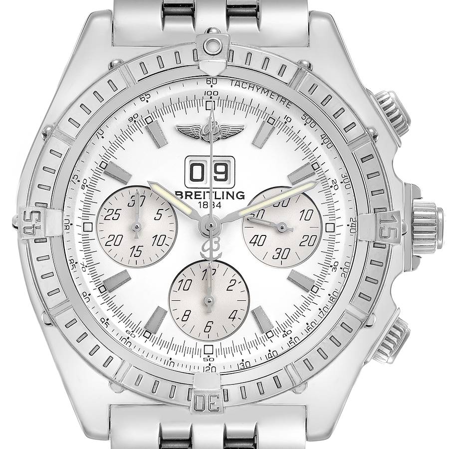 The Breitling Windrider model A44355 is shown from a top-down view, displaying its dial, chronograph subdials, tachymeter bezel, and part of the bracelet.