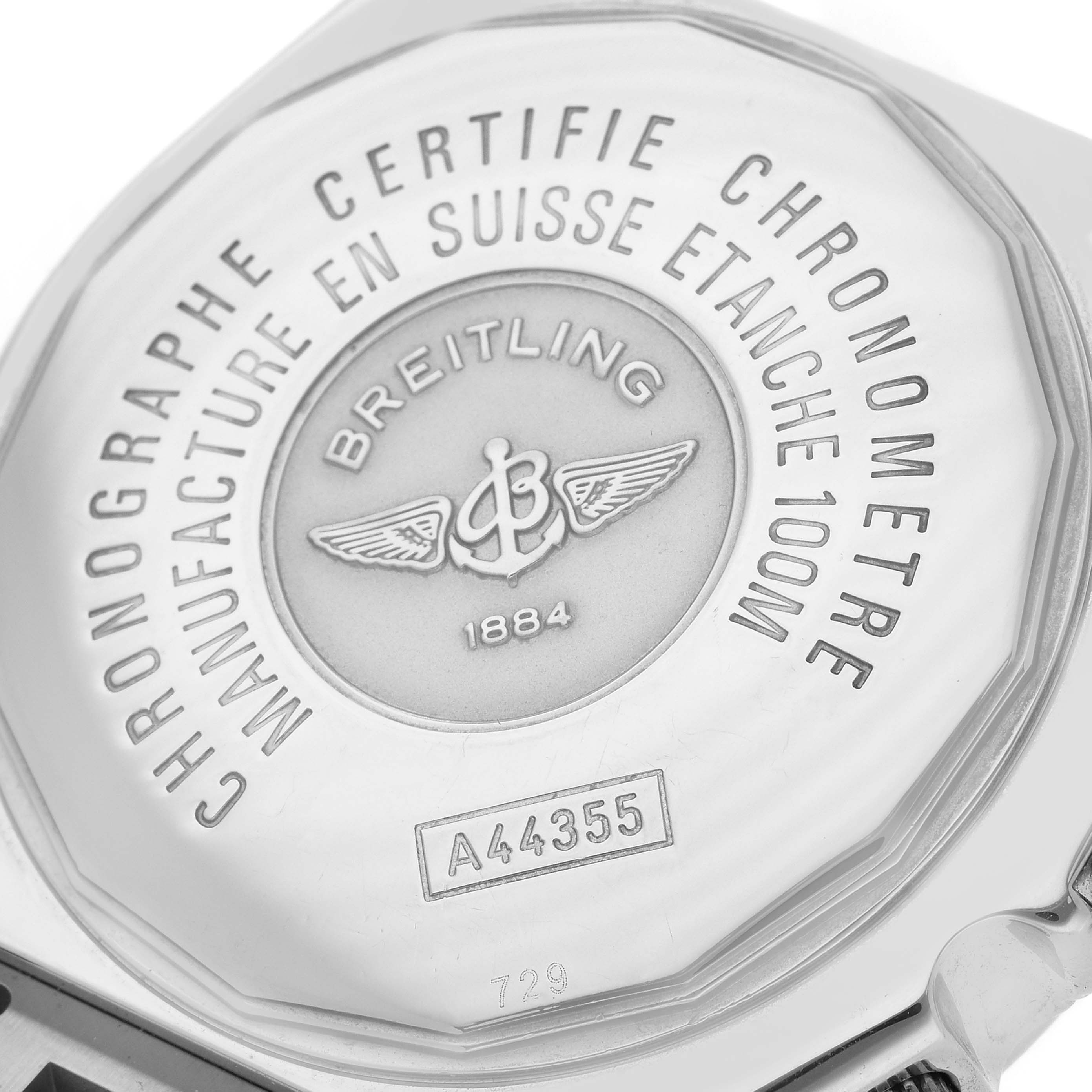 The image shows the back case of a Breitling Windrider model A44355 men
s watch, highlighting the branding and model number details.