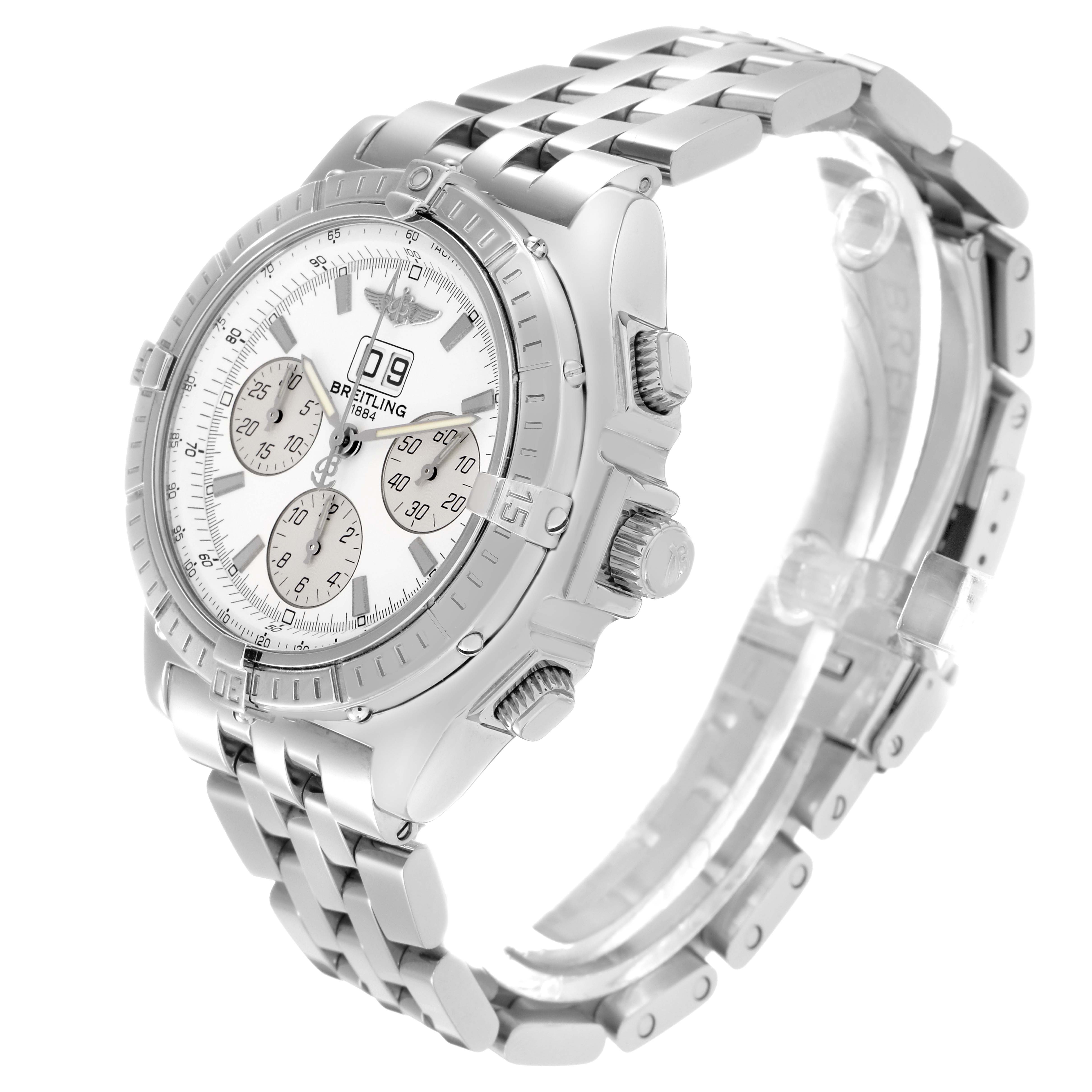 The Breitling Windrider A44355 men
s watch is shown at a three-quarter angle, displaying its dial, bezel, chronograph subdials, crown, pushers, and metal bracelet.