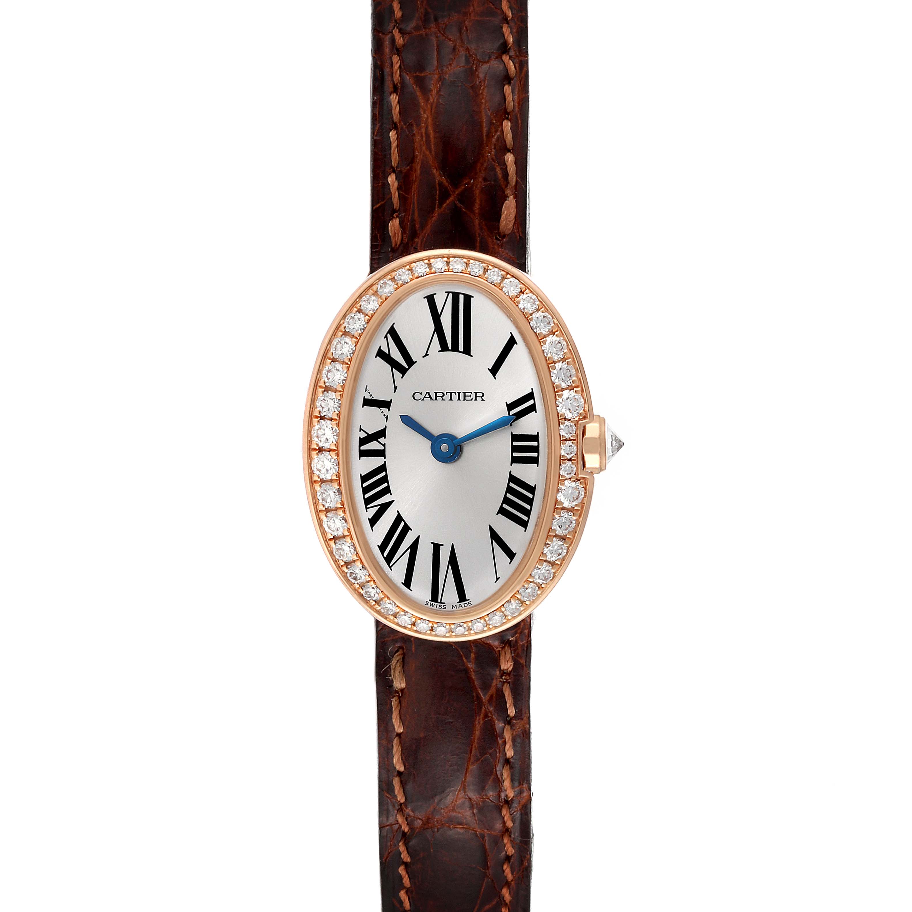 This image shows the Cartier Baignoire WB520028 Women
s Rose Gold Silver Dial WB520028 Women
s Rose Gold Silver Dial watch from a front angle, featuring its oval face, diamond bezel, Roman numerals, and brown leather strap.