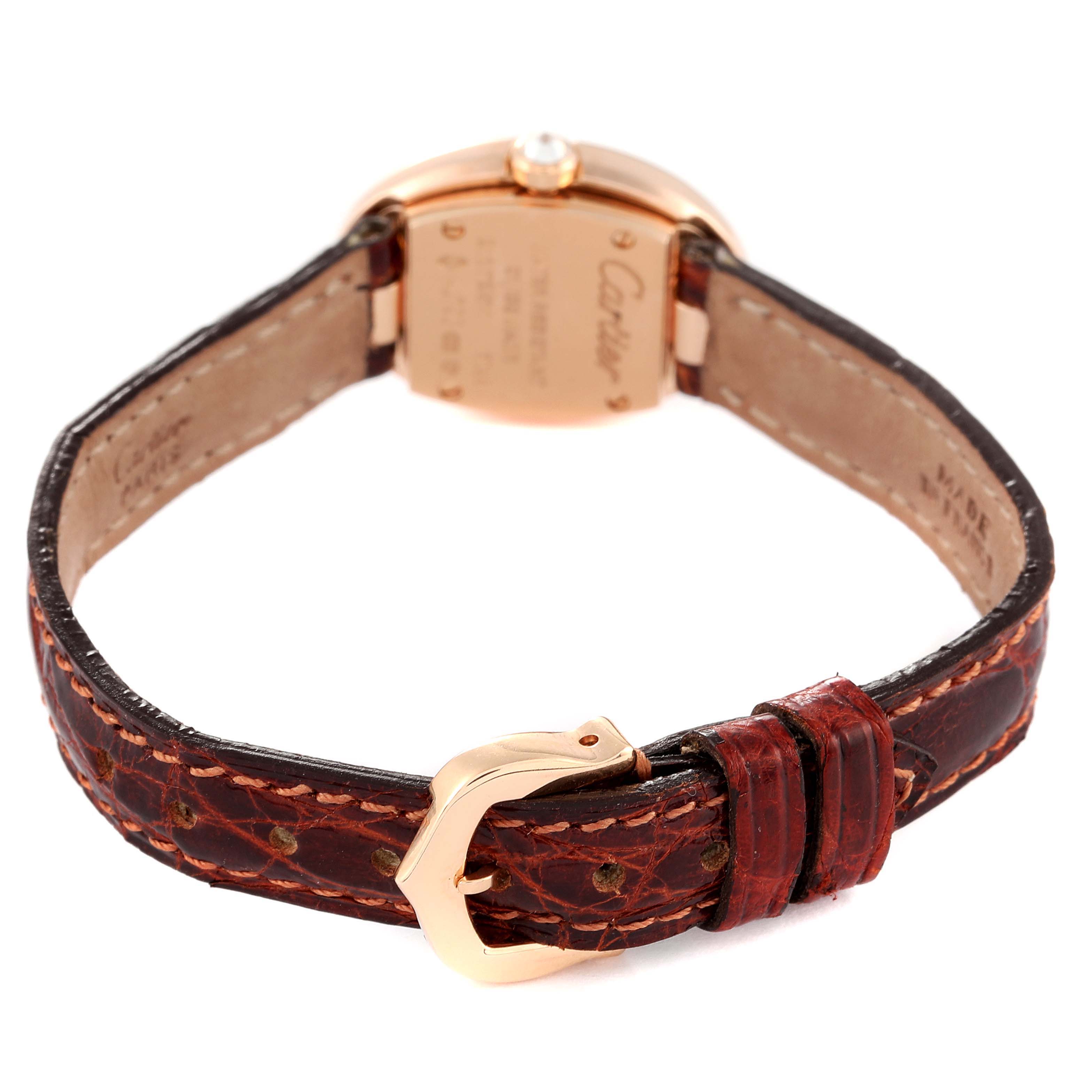 The image shows the back view of a Cartier Baignoire WB520028 Women
s Rose Gold Silver Dial WB520028 Women
s Rose Gold Silver Dial watch, highlighting the leather strap and buckle.