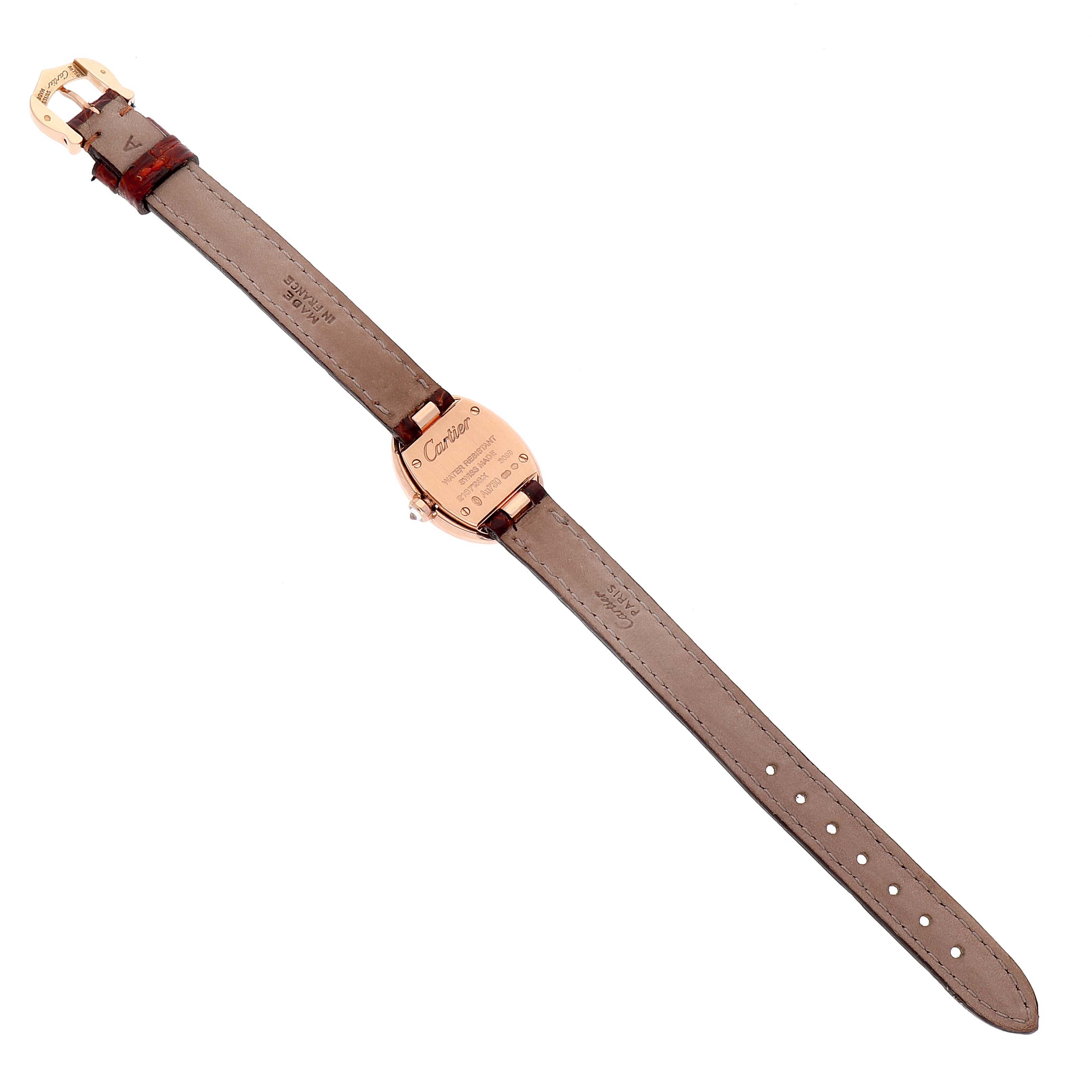 The image shows the back of a Cartier Baignoire WB520028 Women
s Rose Gold Silver Dial WB520028 Women
s Rose Gold Silver Dial watch with its strap fully extended and the buckle visible.