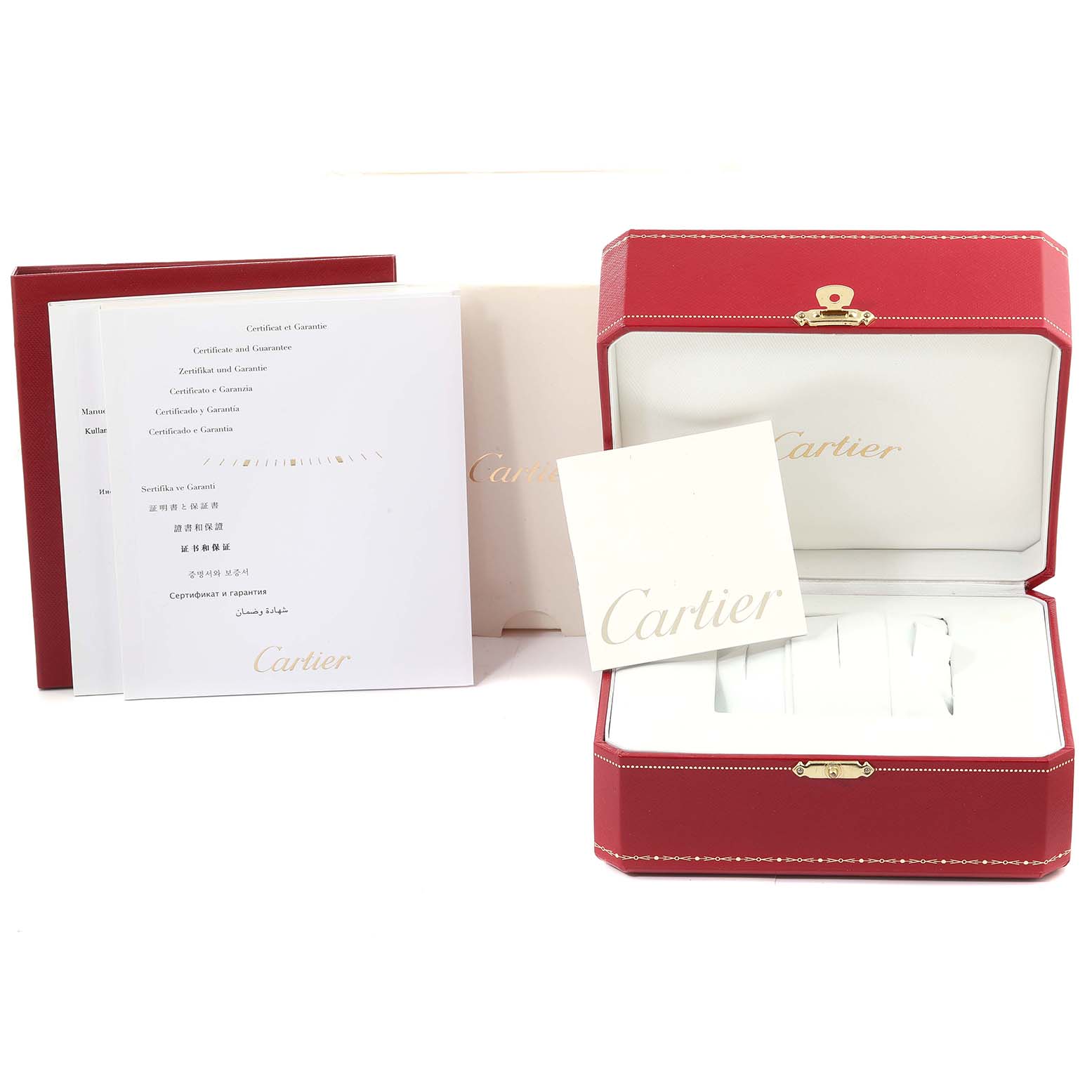 The image shows a Cartier Baignoire WB520028 Women
s Rose Gold Silver Dial WB520028 Women
s Rose Gold Silver Dial watch box, warranty, certificate booklets, and packaging from a frontal angle.
