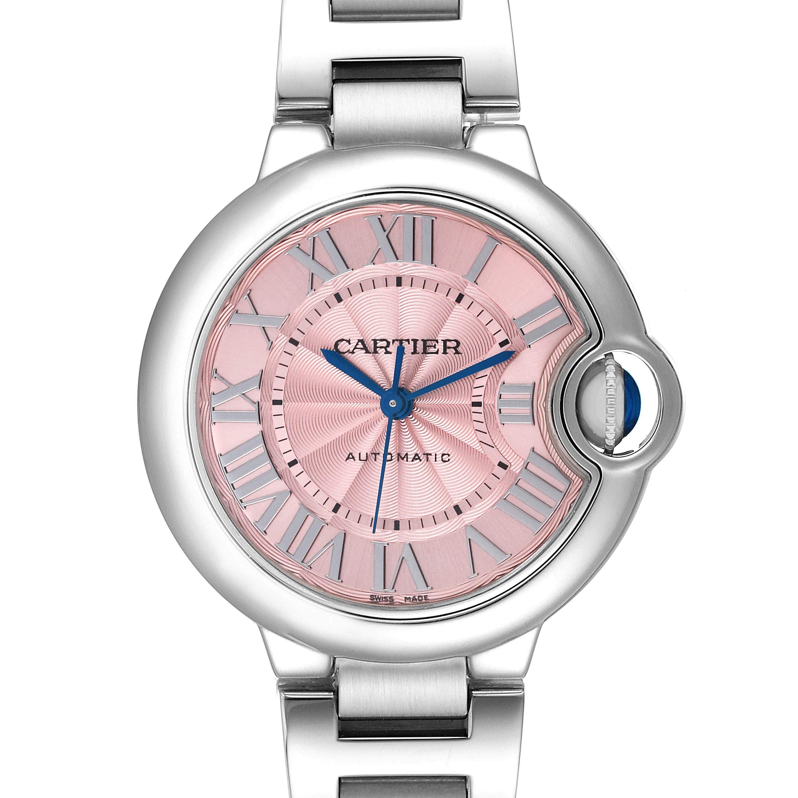 This image shows a front view of a Ballon Bleu de Cartier watch, highlighting its pink dial, Roman numerals, and metal bracelet.