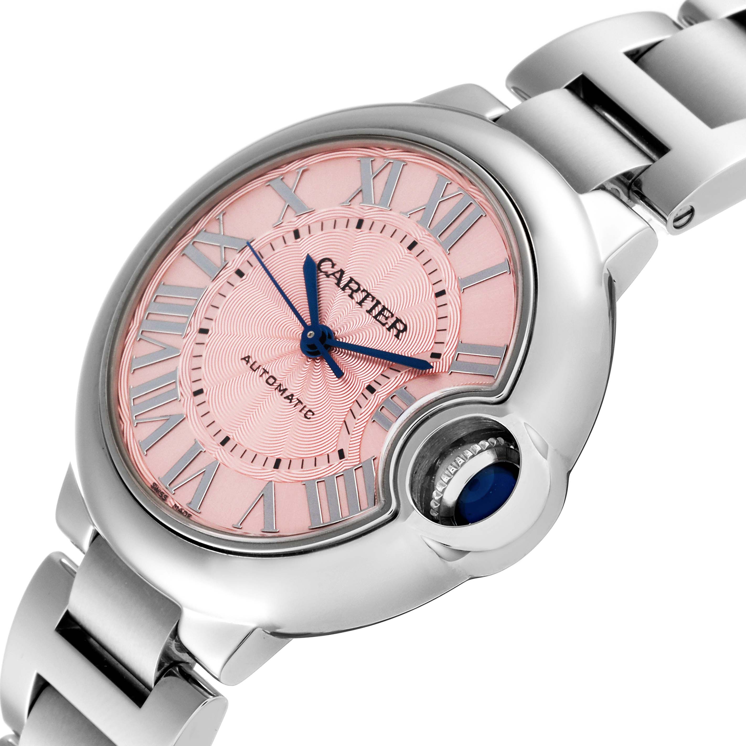 This image shows a close-up angle of the dial and bracelet of a Cartier Ballon Bleu W6920100 Women
s Stainless Steel Pink Dial W6920100 Women
s Stainless Steel Pink Dial watch.