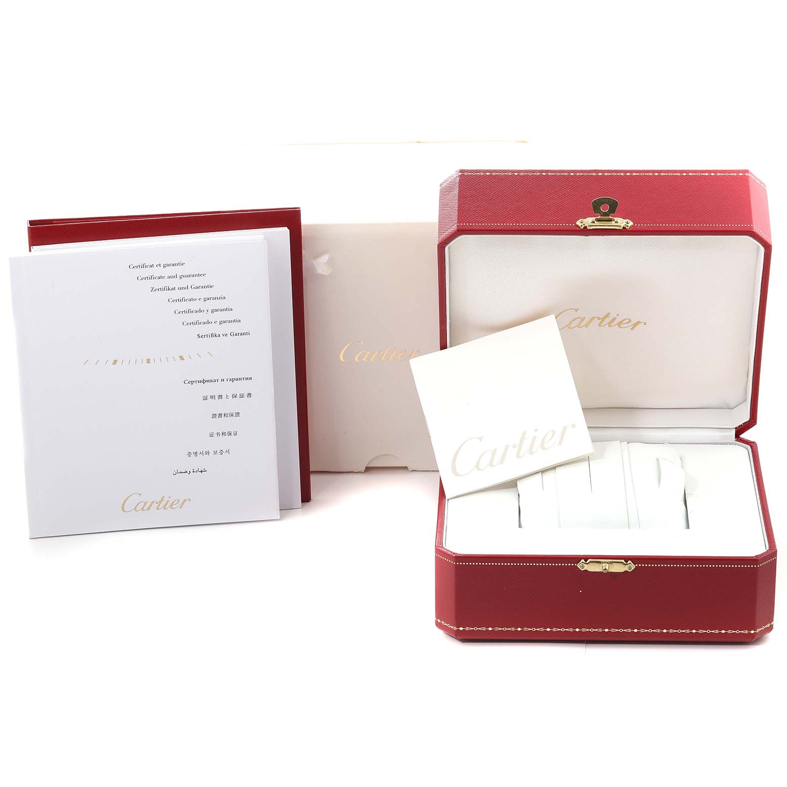 The image shows the packaging, box, and warranty booklet for the Cartier Ballon Bleu W6920100 Women
s Stainless Steel Pink Dial W6920100 Women
s Stainless Steel Pink Dial watch.