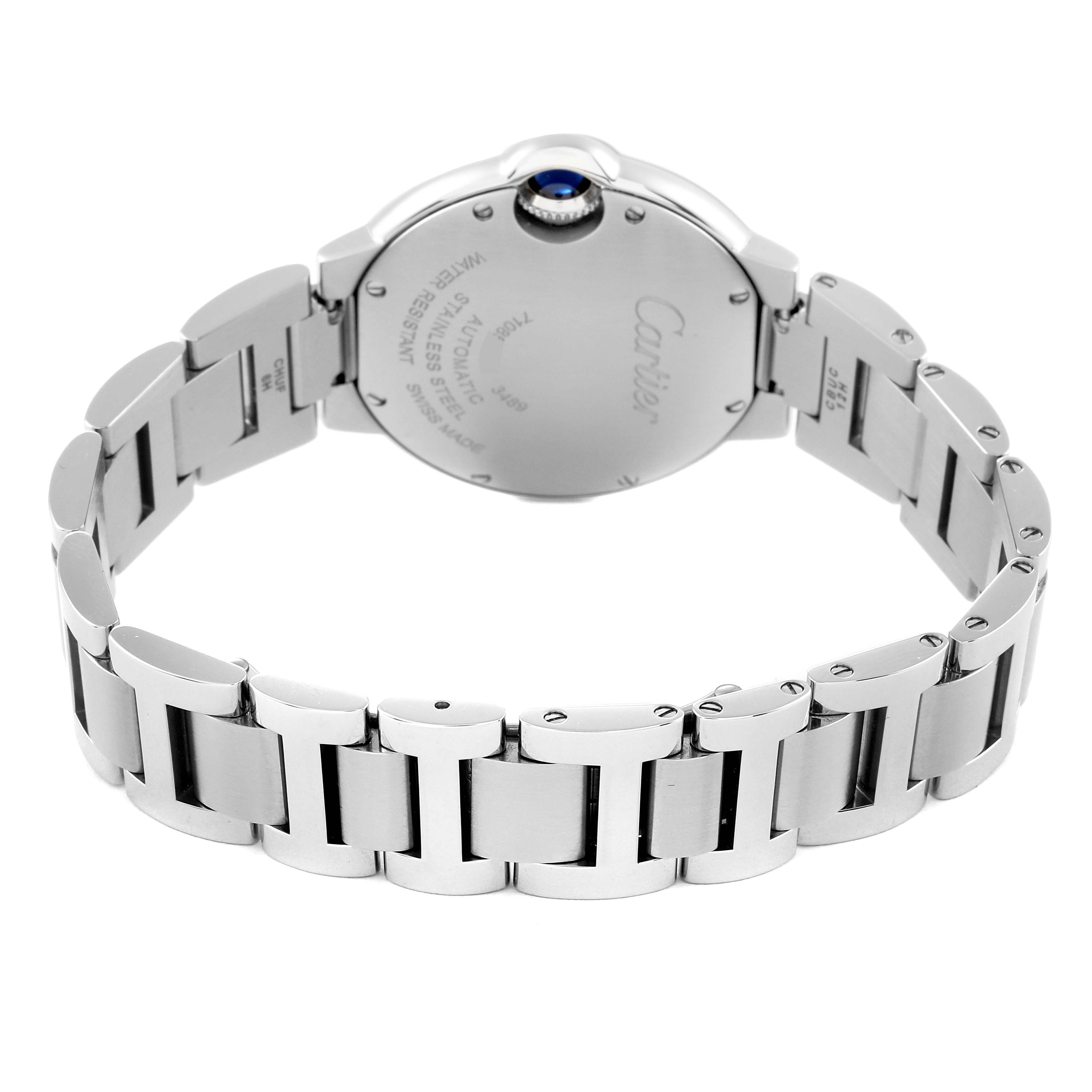 The image shows the back and bracelet of a Cartier Ballon Bleu W6920100 Women
s Stainless Steel Pink Dial W6920100 Women
s Stainless Steel Pink Dial watch, displaying its stainless steel links and case back details.