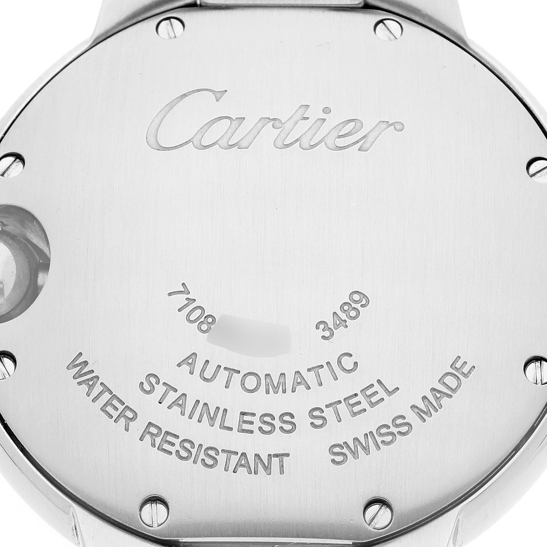 This image shows the back case of the Ballon Bleu watch by Cartier, highlighting its inscriptions and the brand name.