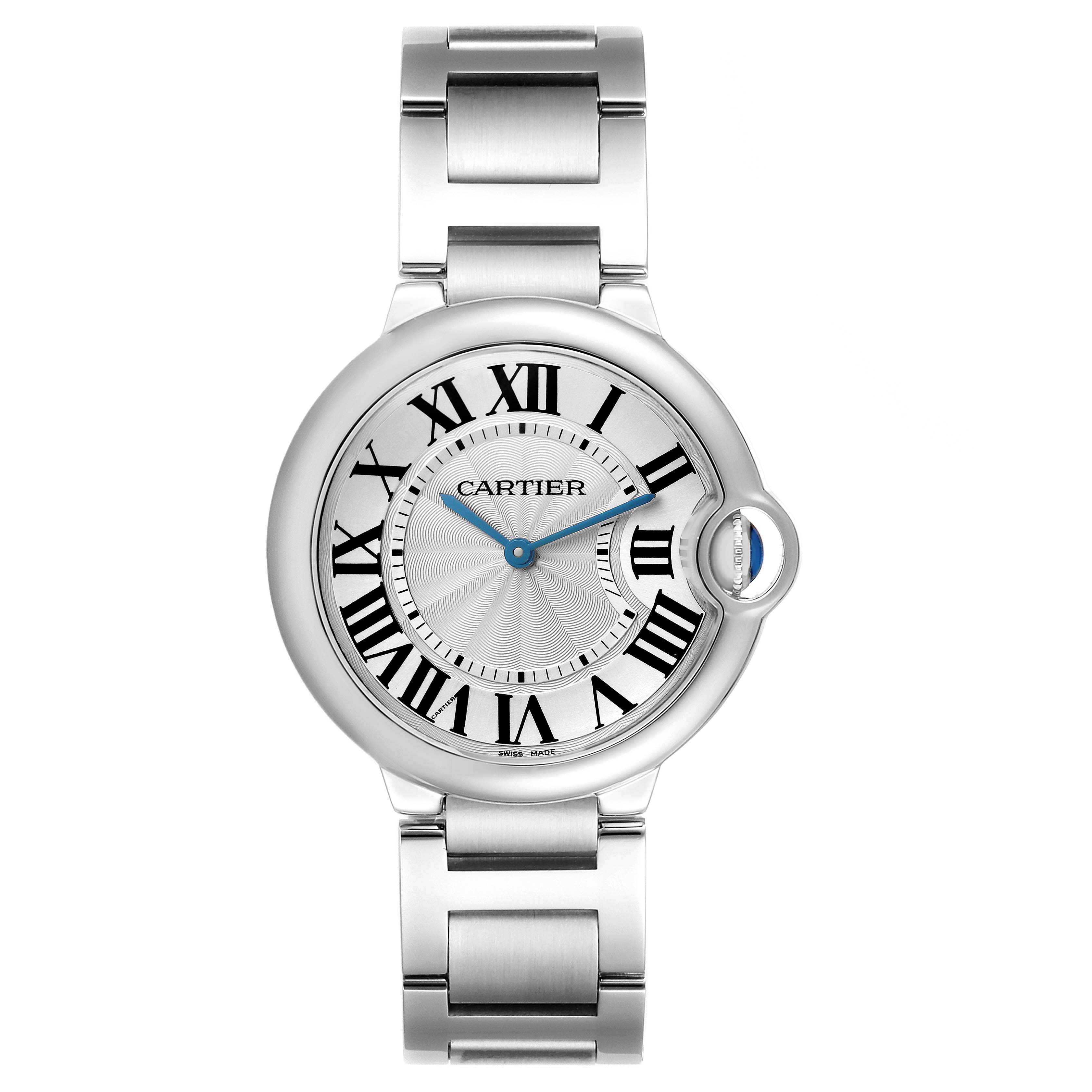 The image shows a front view of the Cartier Ballon Bleu men's watch, model W69011Z4, highlighting its silver dial, Roman numerals, and steel bracelet.