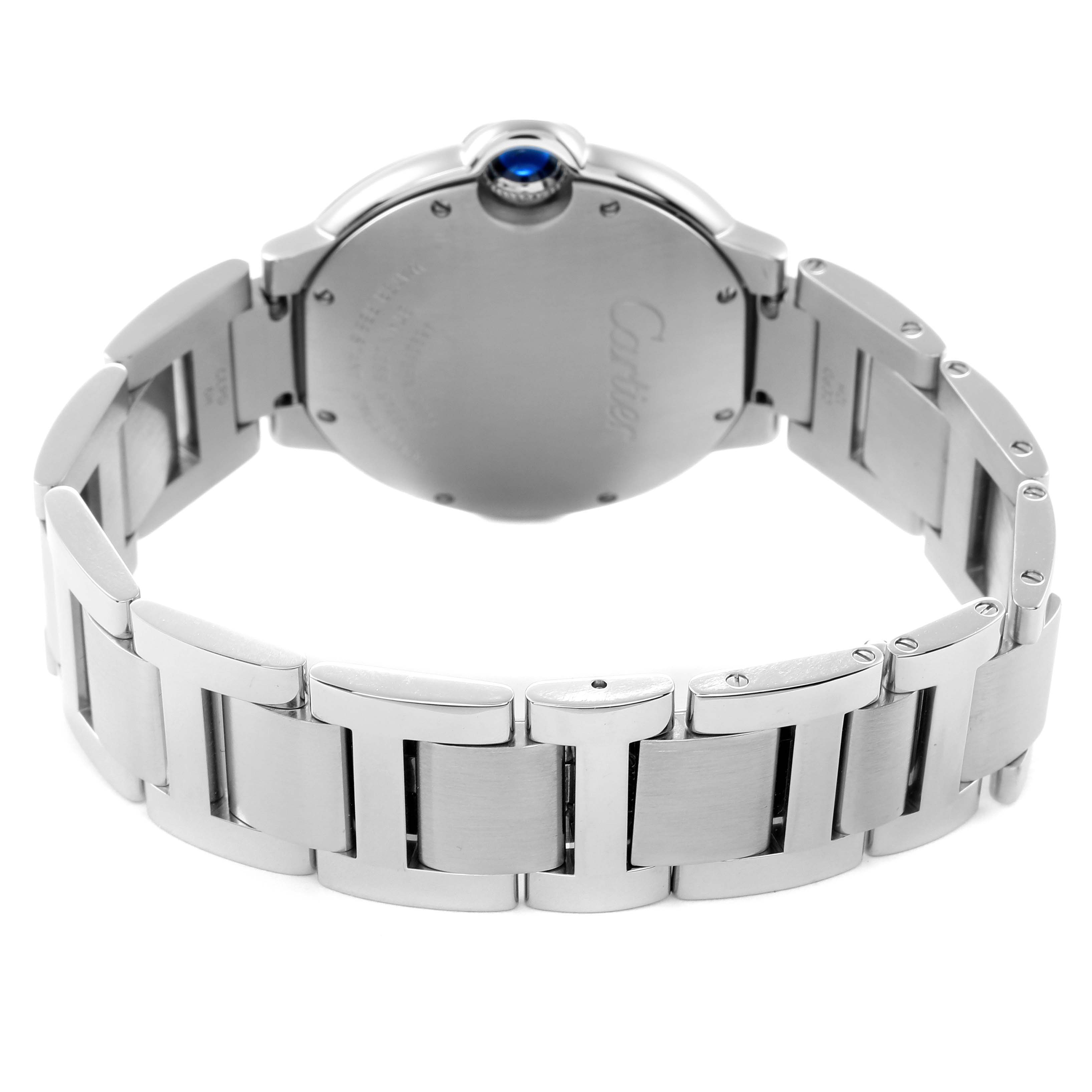 The image shows the back of a Cartier Ballon Bleu watch, model W69011Z4, focusing on its stainless steel bracelet and case back with visible branding.