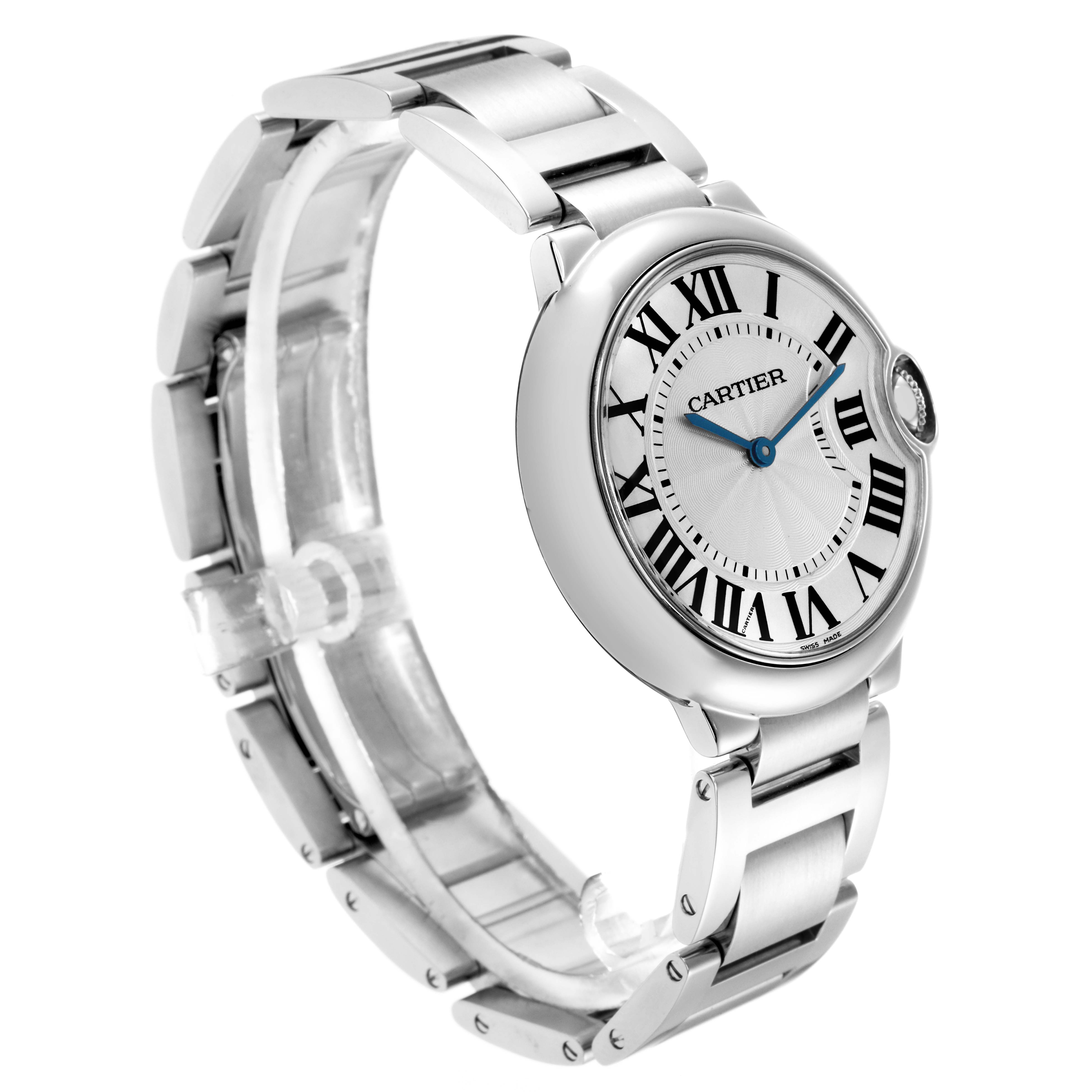 The Cartier Ballon Bleu model W69011Z4 men's watch is shown from a three-quarter angle, highlighting its round face, Roman numerals, and metal bracelet.