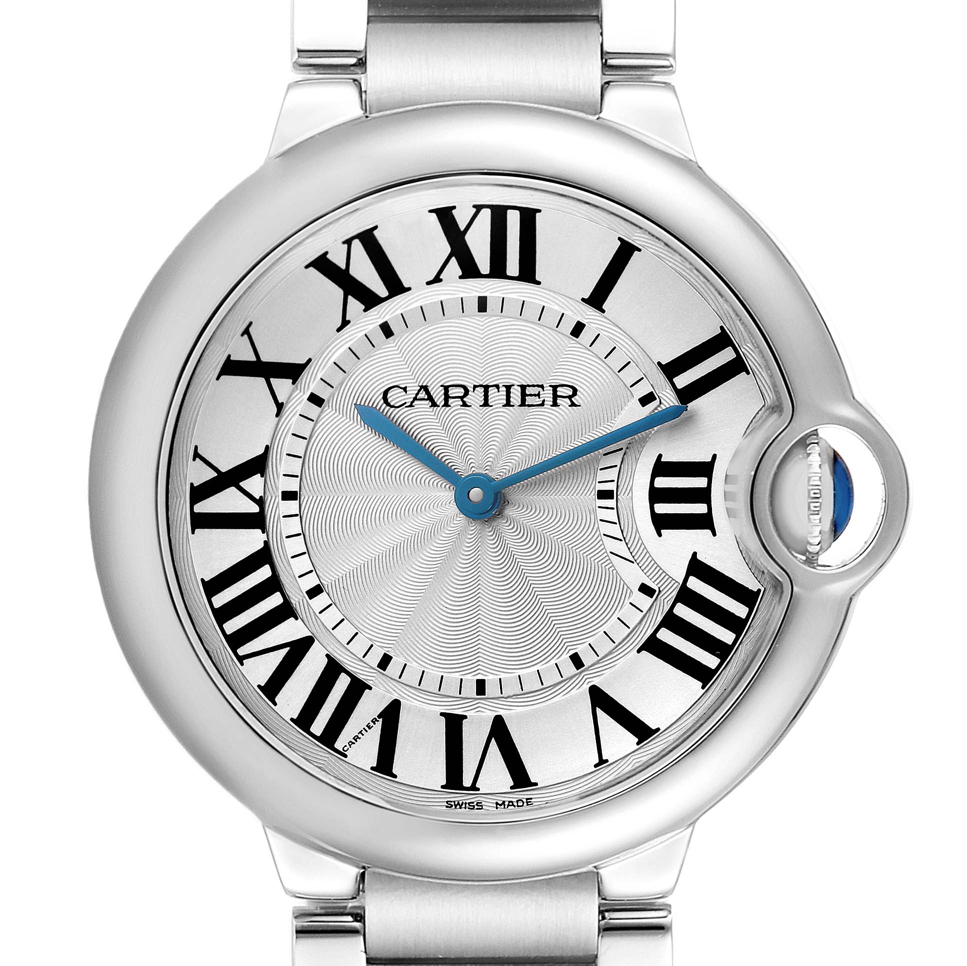 The image shows a front view of the Cartier Ballon Bleu model W69011Z4 men's watch, highlighting its face, Roman numerals, and crown with a blue cabochon.