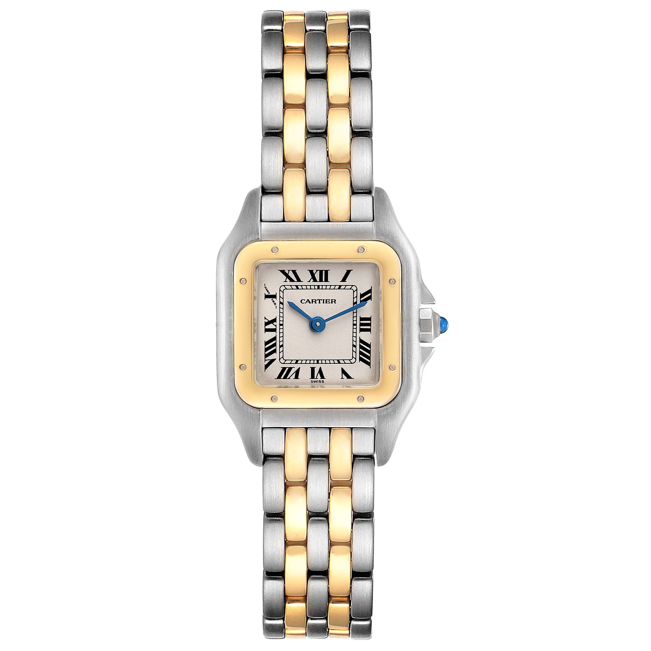 The image shows a front view of a Cartier Panthere W25029B6 Women
s Steel and Gold (two tone) Silver Dial W25029B6 Women
s Steel and Gold (two tone) Silver Dial watch, featuring its face, bezel, and two-tone bracelet.