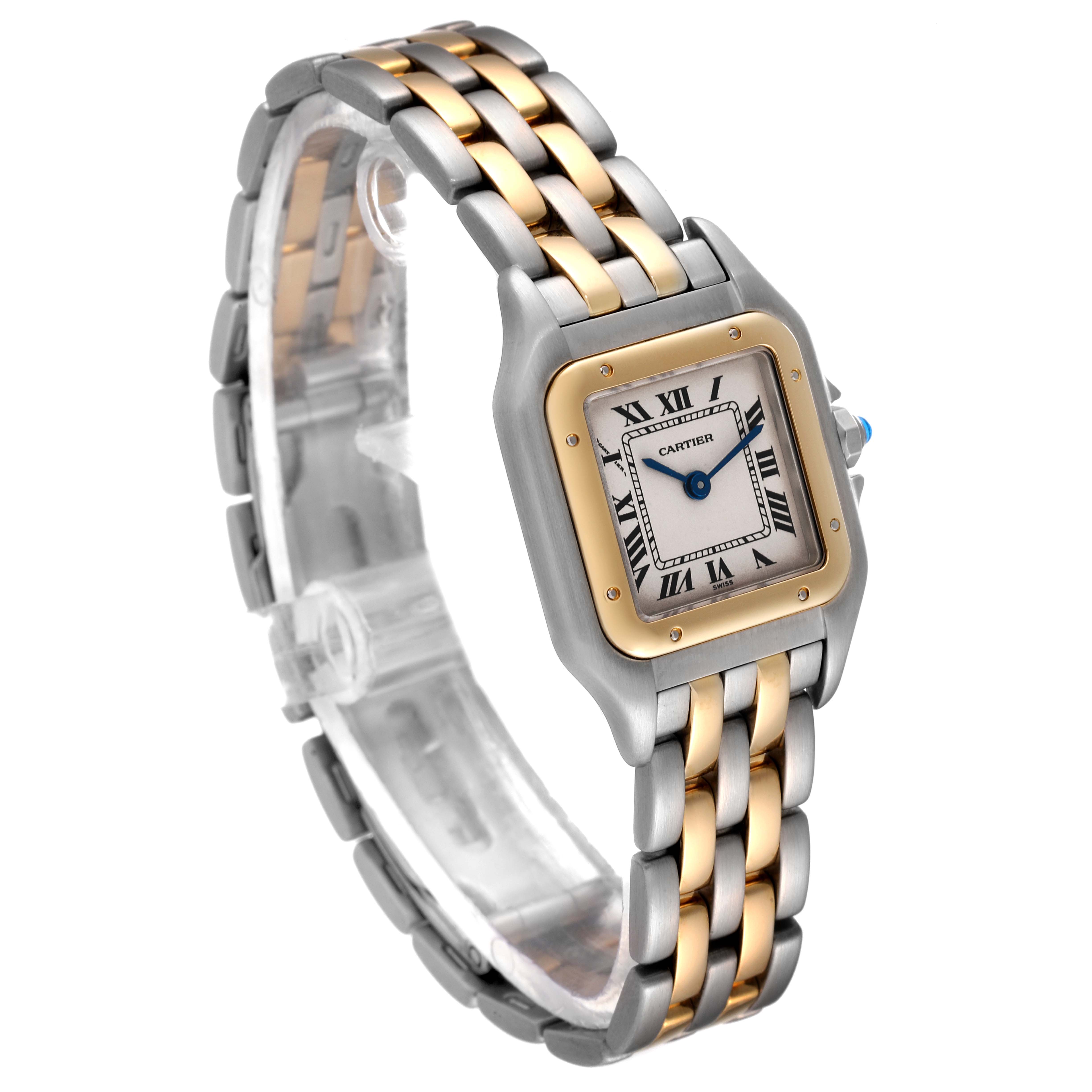 The image shows a Panthere model by Cartier at a 3/4 angle, highlighting its two-tone bracelet and square face with Roman numerals.
