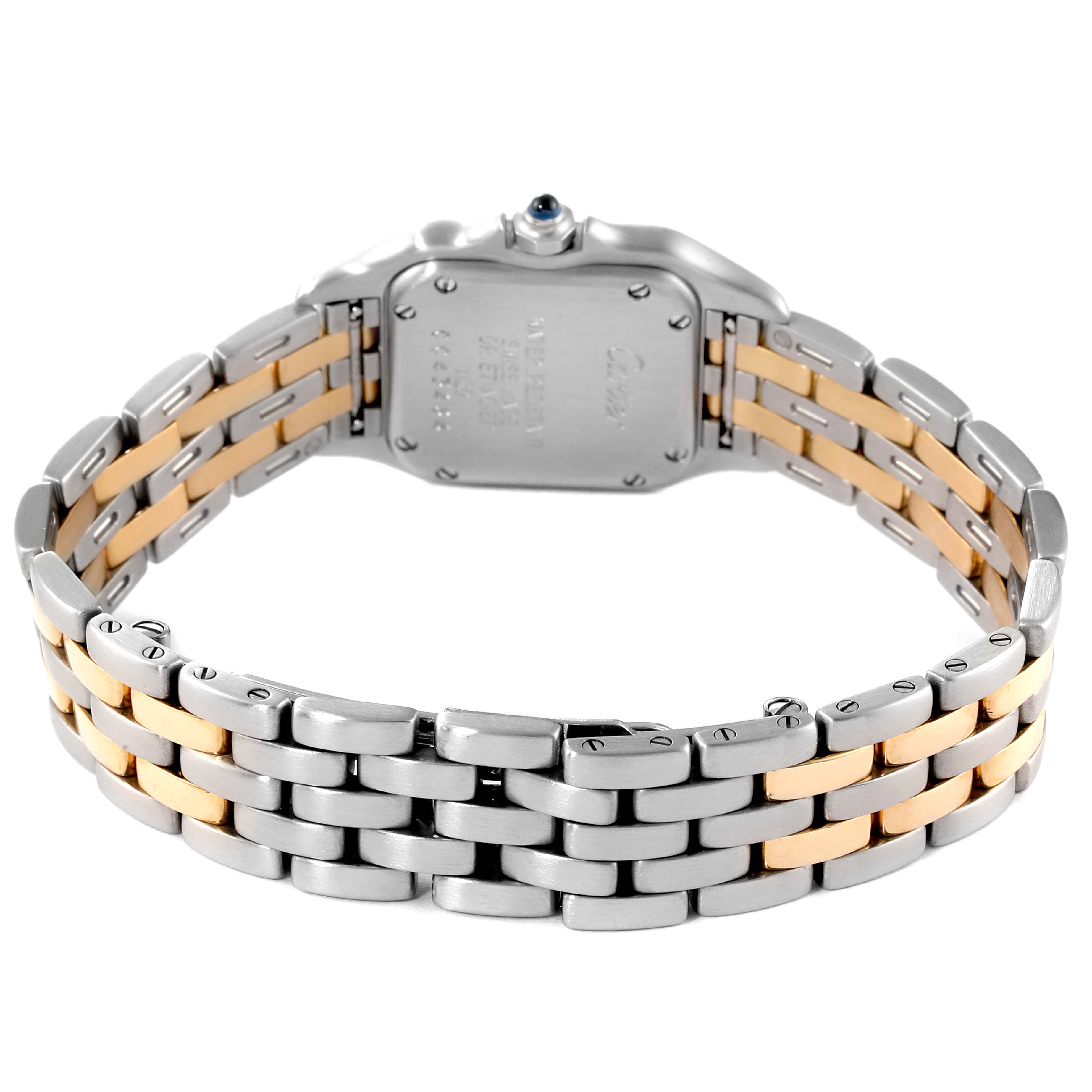 The image shows the back view of a Panthere model by Cartier, highlighting the two-tone bracelet and the case back.