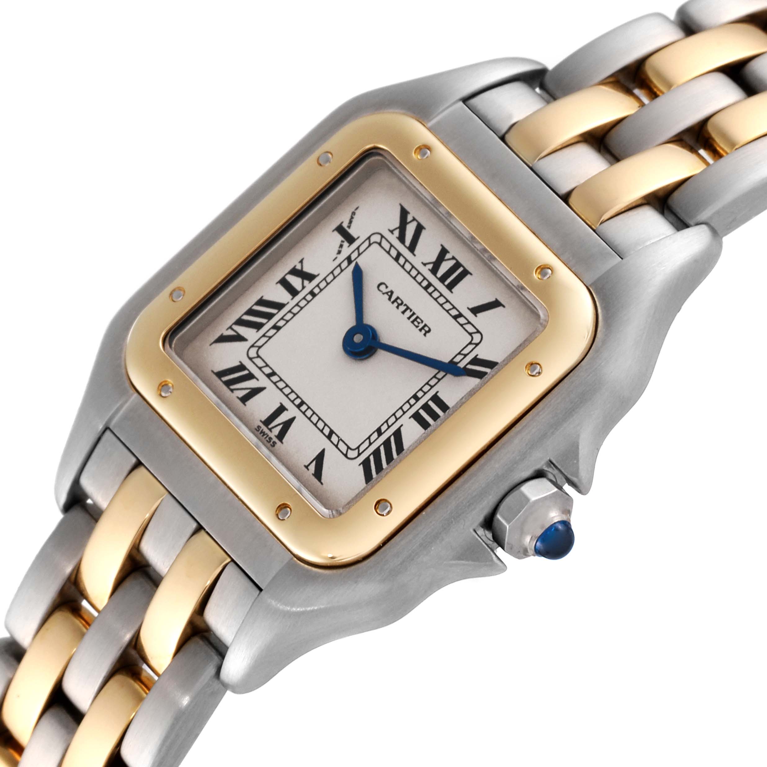 The Cartier Panthere W25029B6 Women
s Steel and Gold (two tone) Silver Dial W25029B6 Women
s Steel and Gold (two tone) Silver Dial watch is shown from a top angle highlighting its face, bezel, and part of the two-tone bracelet.