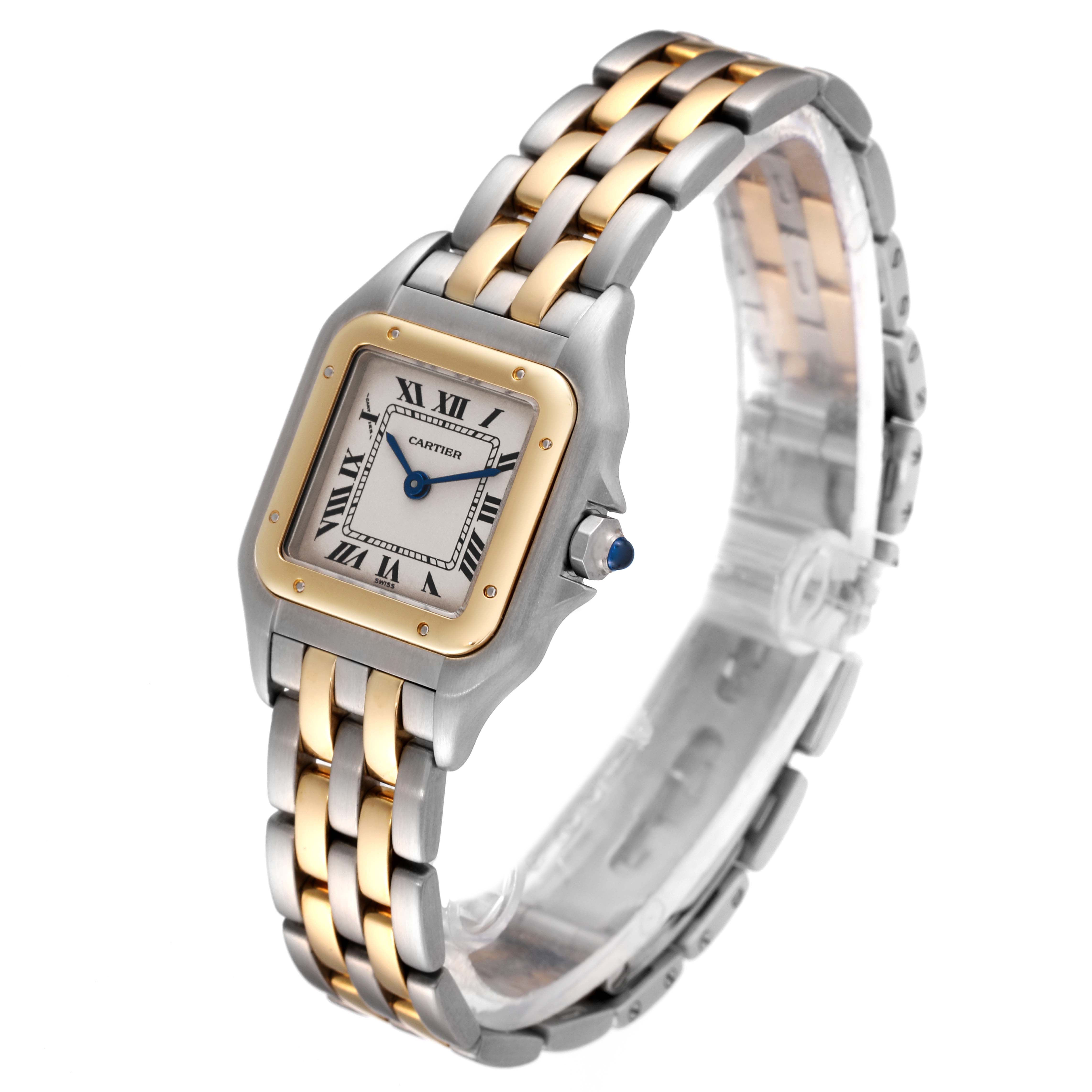 This image shows a Cartier Panthere W25029B6 Women
s Steel and Gold (two tone) Silver Dial W25029B6 Women
s Steel and Gold (two tone) Silver Dial watch, angled slightly to display its two-tone band and square face.