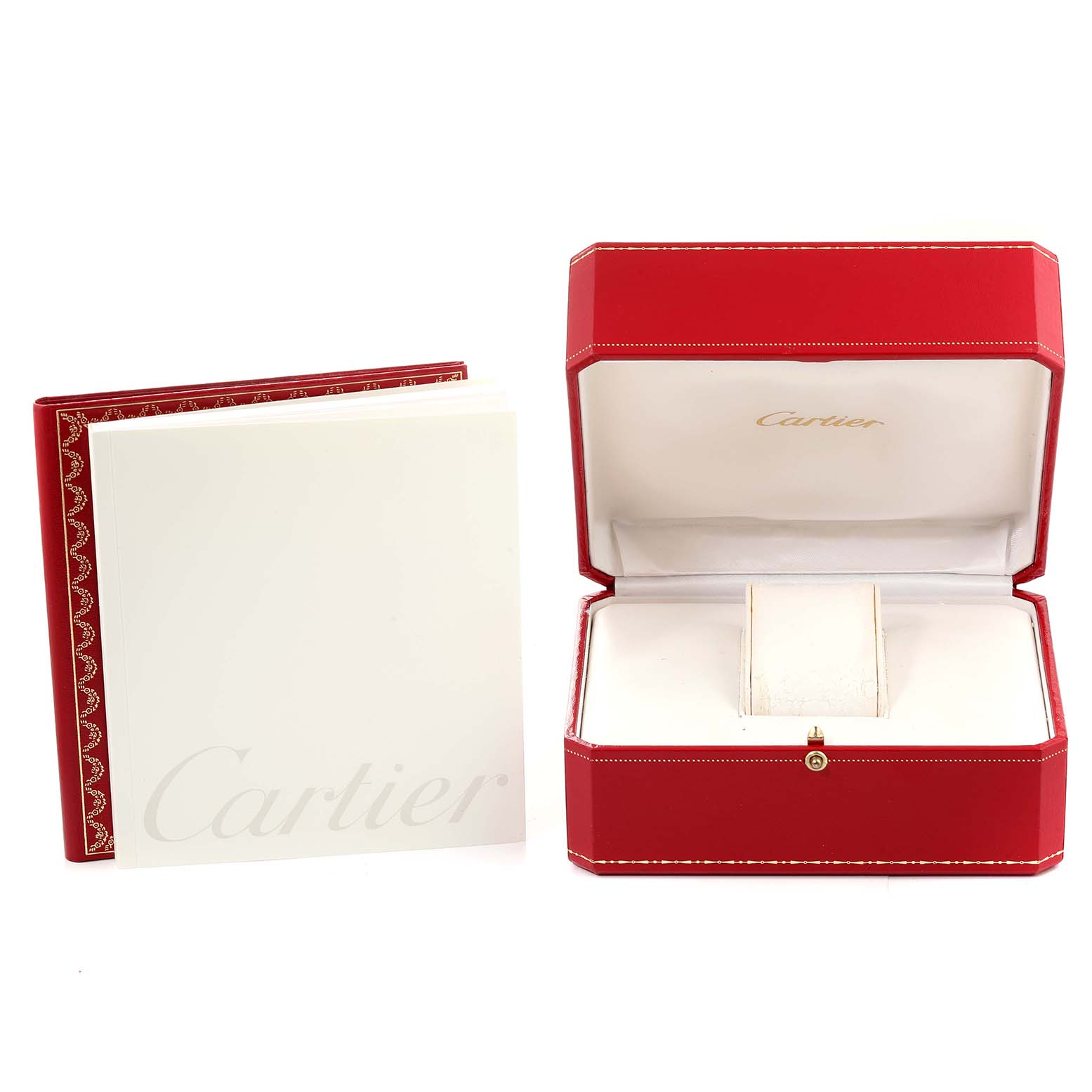 This image shows the packaging and user manual for the Cartier Panthere W25029B6 Women
s Steel and Gold (two tone) Silver Dial W25029B6 Women
s Steel and Gold (two tone) Silver Dial watch, including a red box and a booklet.