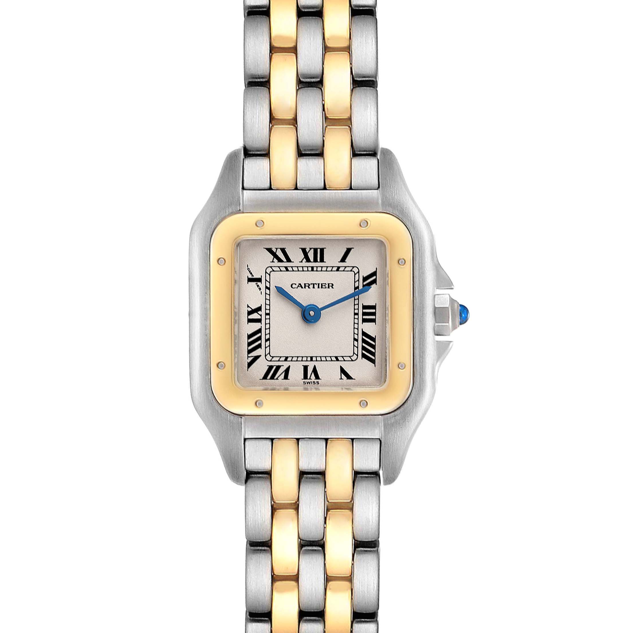 The image shows the Panthere de Cartier watch from a top-down angle, displaying its face, bezel, and part of the bracelet.