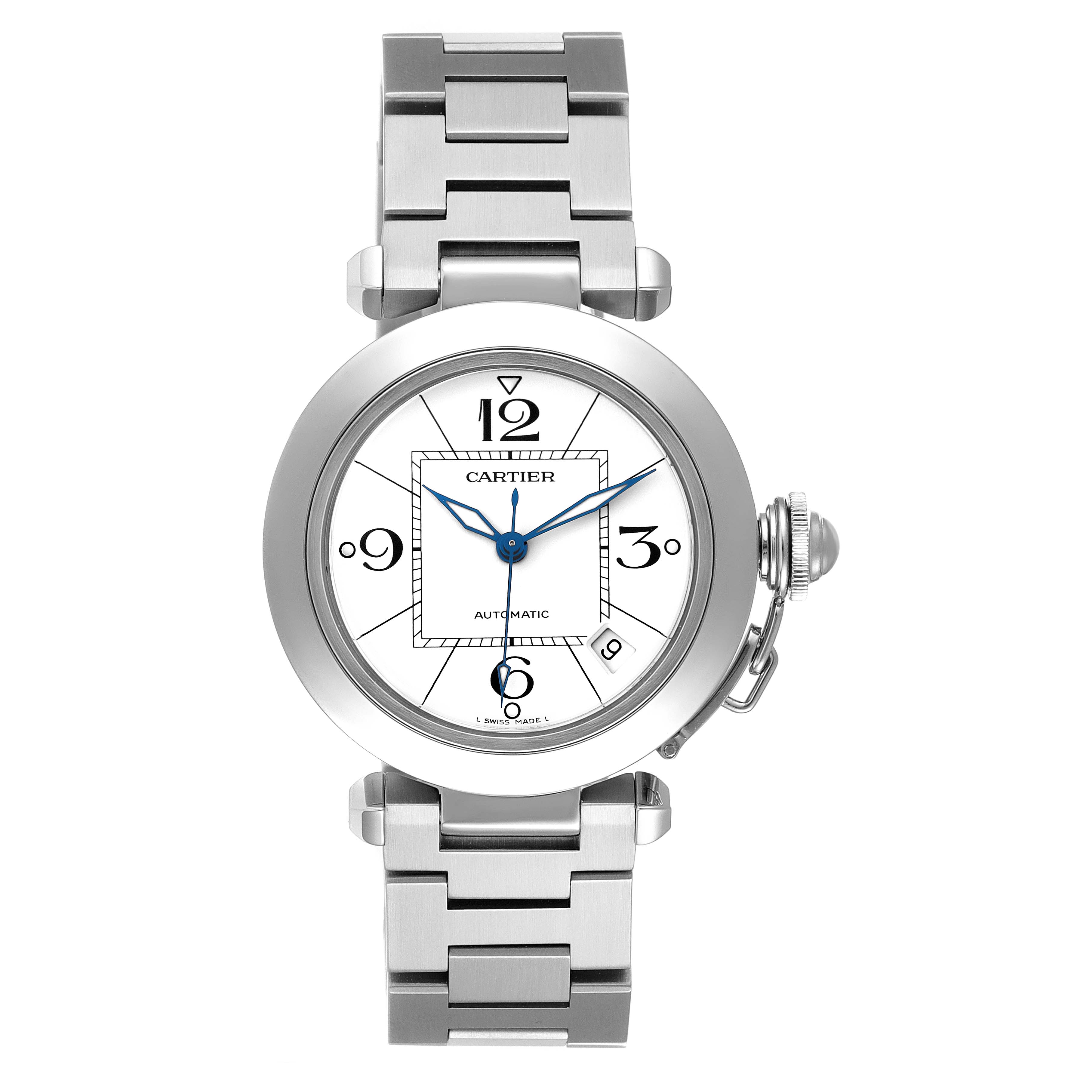 The Cartier Pasha W31074M7 Men's Stainless Steel White Dial W31074M7 Men's Stainless Steel White Dial watch is shown from a front angle, highlighting its face, bezel, crown, and bracelet.