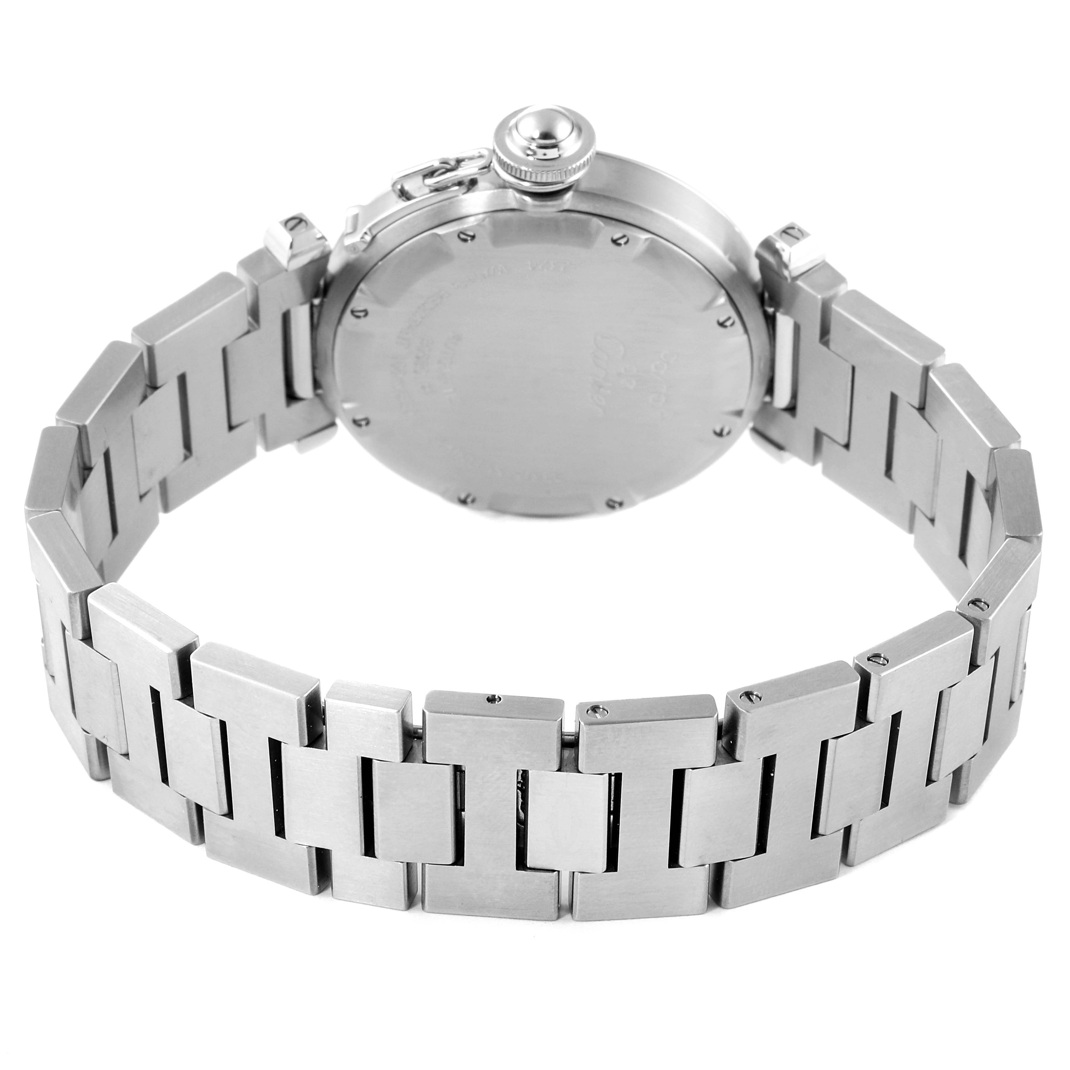 This image shows the back case and metal bracelet of a Cartier Pasha W31074M7 Men's Stainless Steel White Dial W31074M7 Men's Stainless Steel White Dial watch viewed from a rear angle.