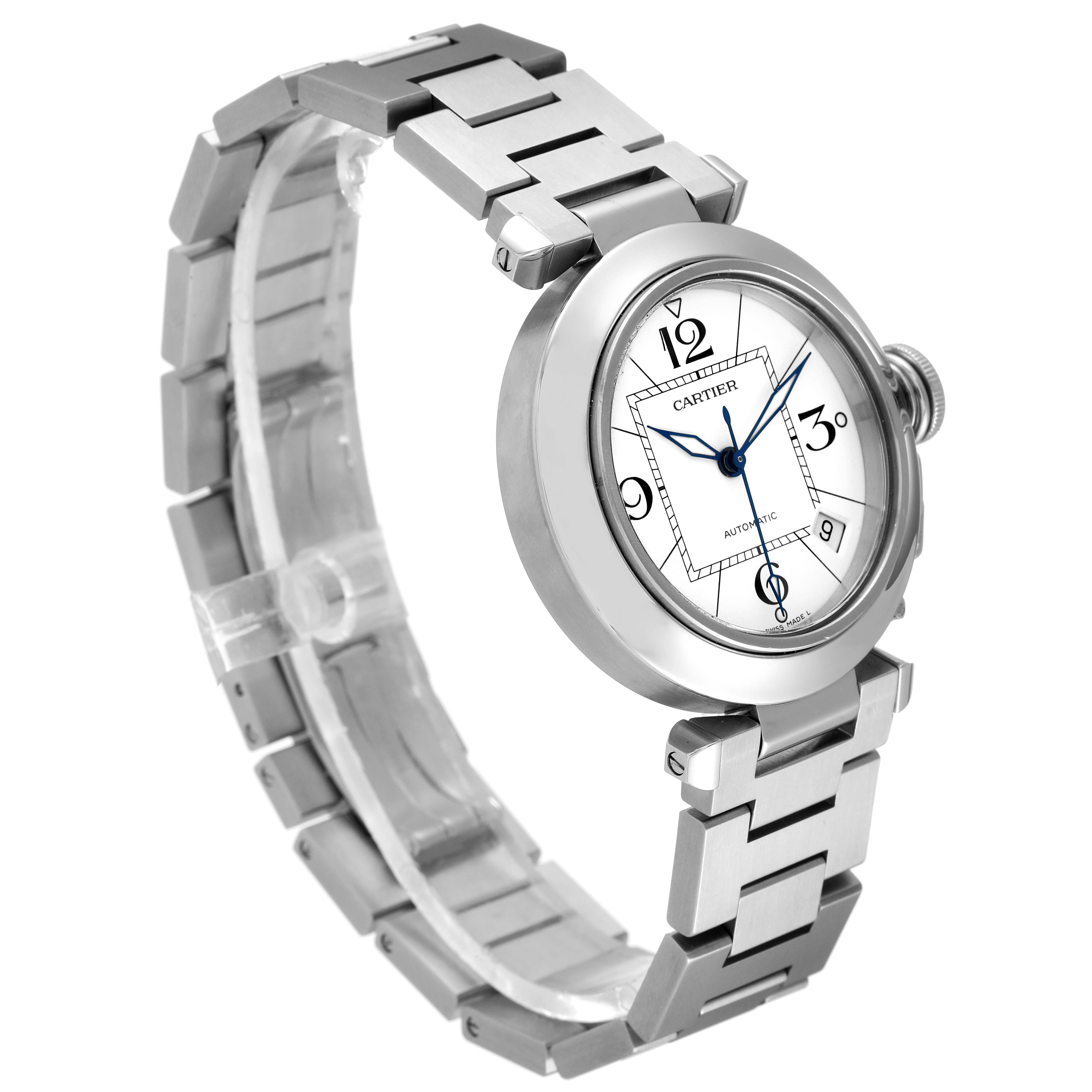 The image shows a Cartier Pasha W31074M7 Men's Stainless Steel White Dial W31074M7 Men's Stainless Steel White Dial watch at a three-quarter view angle, highlighting its face, bezel, and metal bracelet.