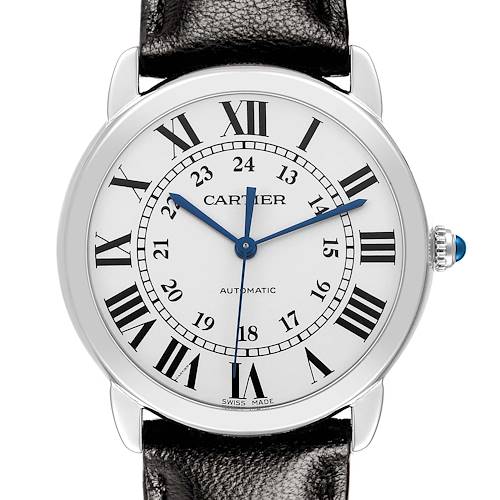 The Cartier Ronde WSRN0021 Men's Stainless Steel Silver Dial watch is shown from the front, displaying the dial, Roman numerals, blue hands, and a leather strap.