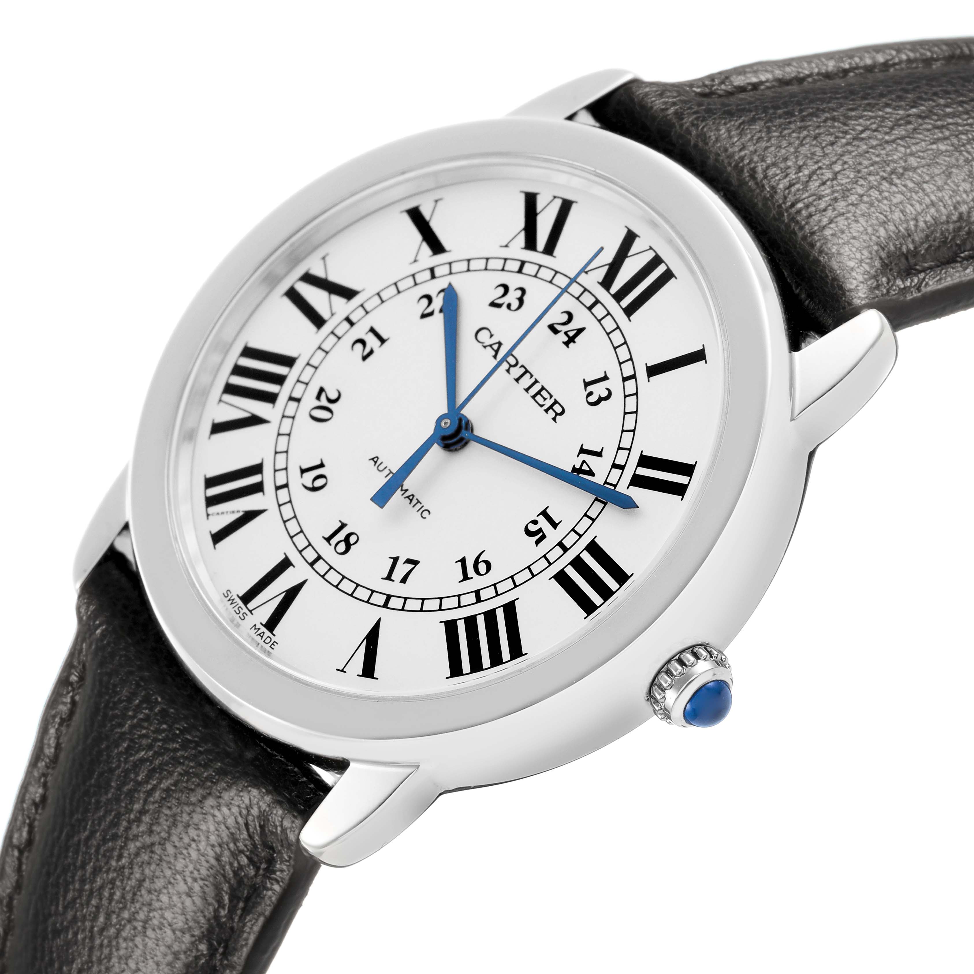 The Cartier Ronde WSRN0021 Men's Stainless Steel Silver Dial watch is shown at a slight angle, displaying the face, Roman numerals, blued hands, and leather strap with a visible crown.
