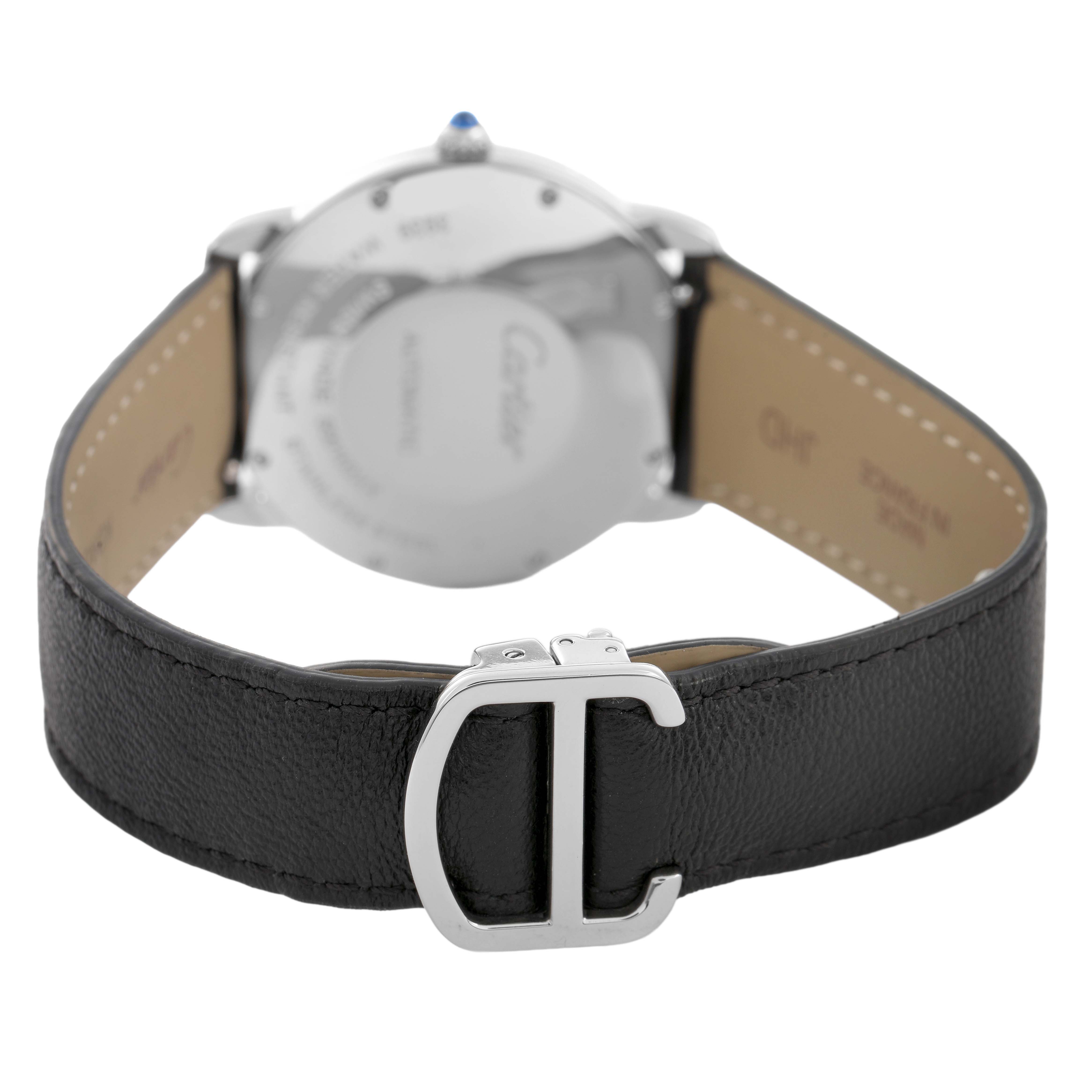 The image shows a Cartier Ronde WSRN0021 Men's Stainless Steel Silver Dial watch from the back, highlighting the leather strap and silver clasp with the Cartier logo.