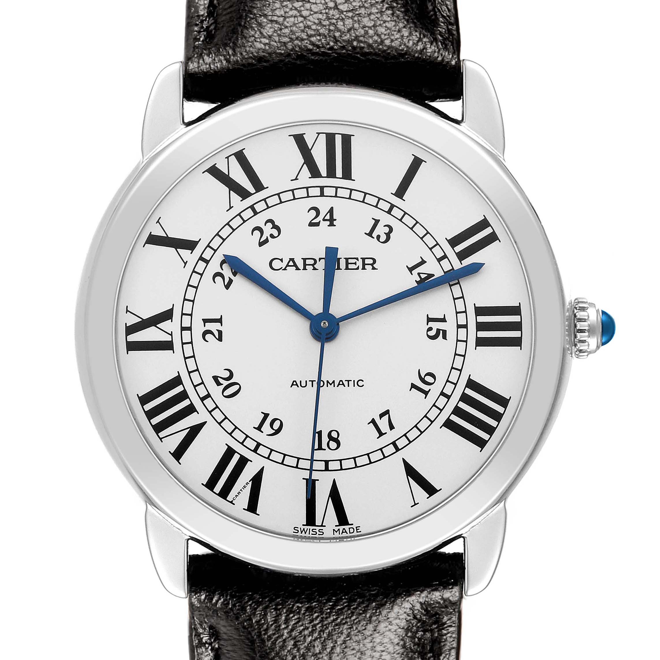 The Cartier Ronde WSRN0021 Men's Stainless Steel Silver Dial watch is shown from the front, displaying the face, Roman numerals, and a sapphire cabochon crown.