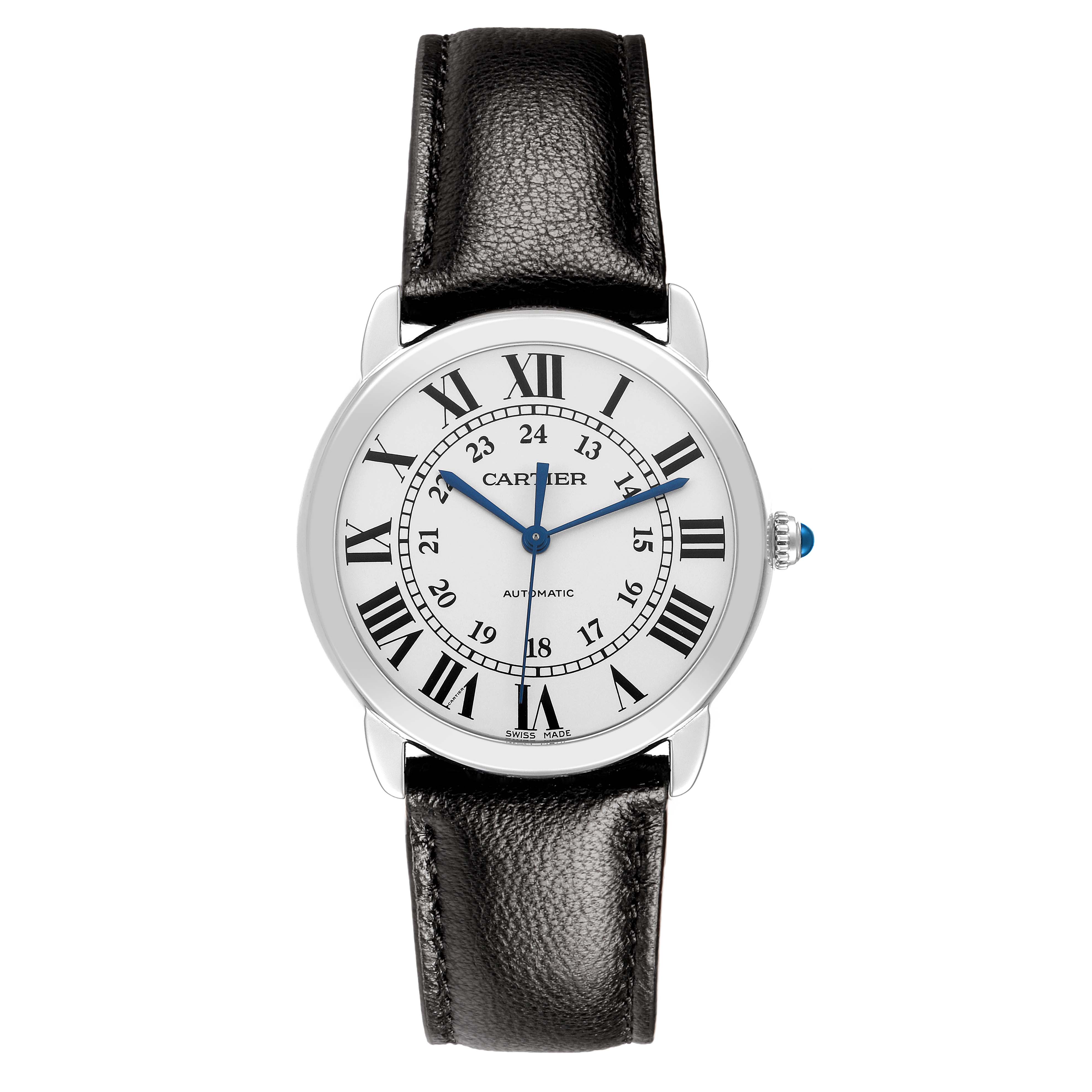 The Cartier Ronde WSRN0021 Men's Stainless Steel Silver Dial watch is shown from a front angle, highlighting its round face, Roman numerals, leather strap, and distinct blue hands.