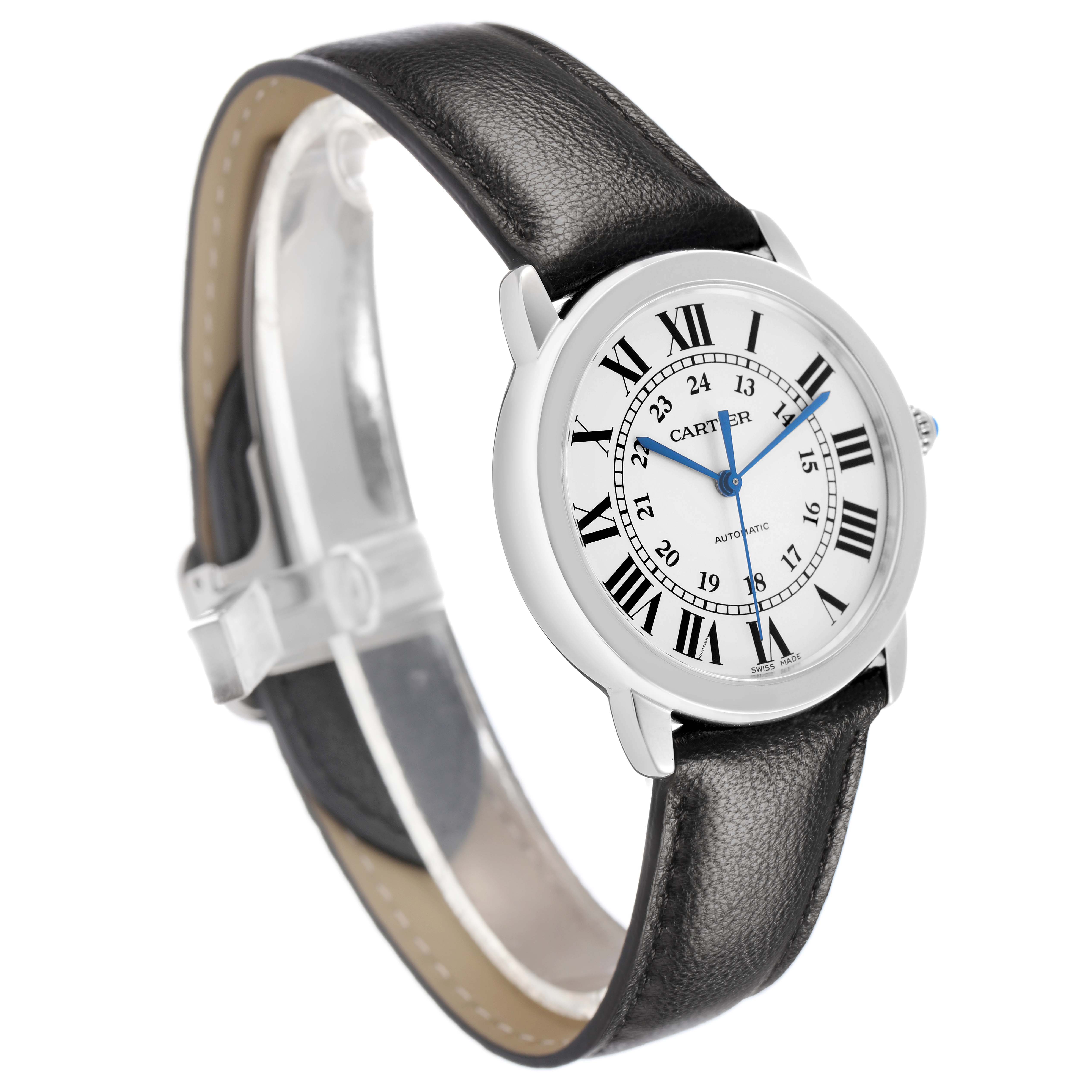 The Cartier Ronde WSRN0021 Men's Stainless Steel Silver Dial watch is shown at a three-quarter angle, displaying the dial with Roman numerals, blue hands, and a leather strap.