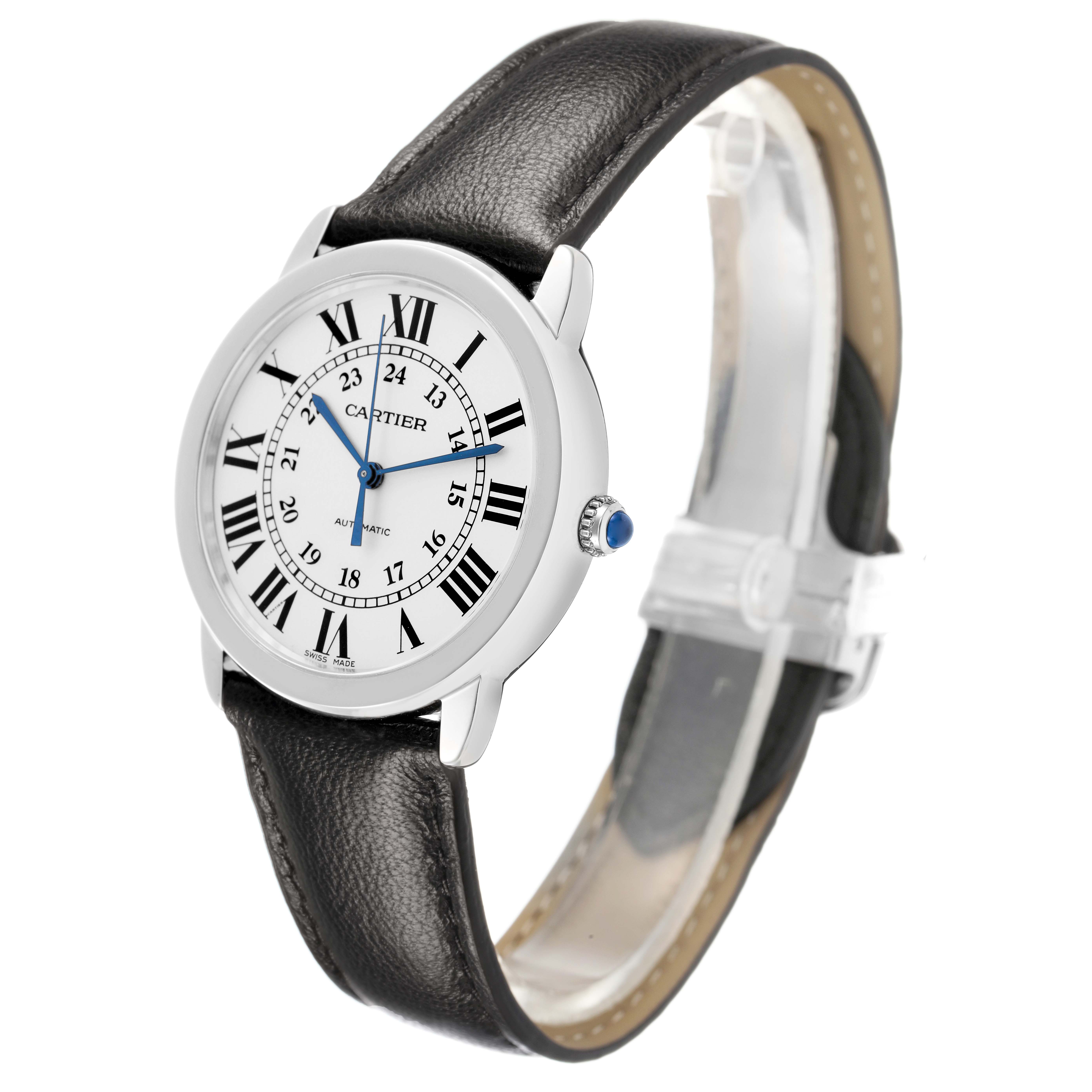 The Cartier Ronde WSRN0021 Men's Stainless Steel Silver Dial model is shown at a three-quarter angle, displaying the face, bezel, crown, and leather strap.