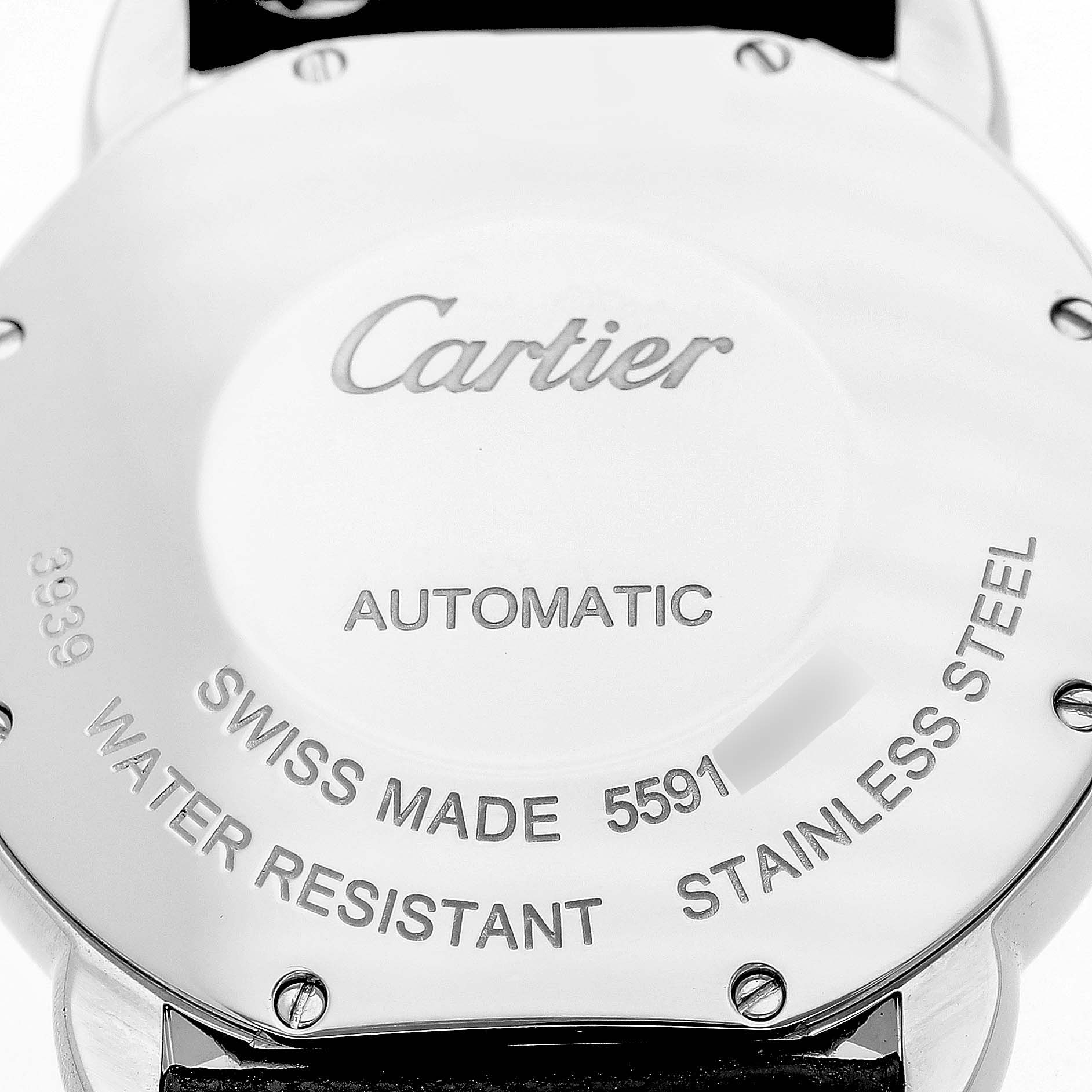 The image shows the back casing of the Cartier Ronde WSRN0021 Men's Stainless Steel Silver Dial watch, displaying engravings like "Automatic" and "Swiss Made."