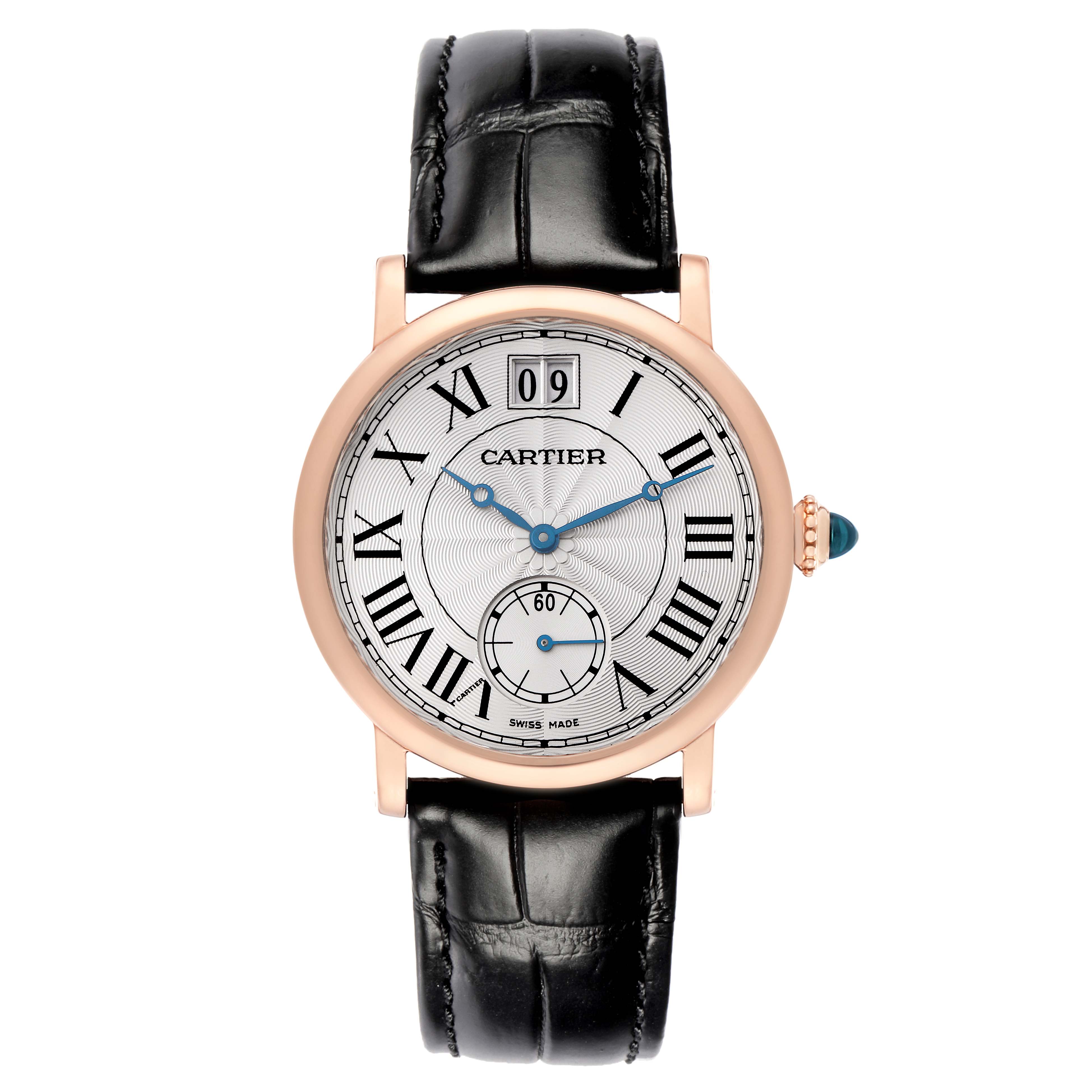 The Cartier Rotonde model W1552751 is shown from a front angle, displaying the face, Roman numerals, date window, and leather strap.