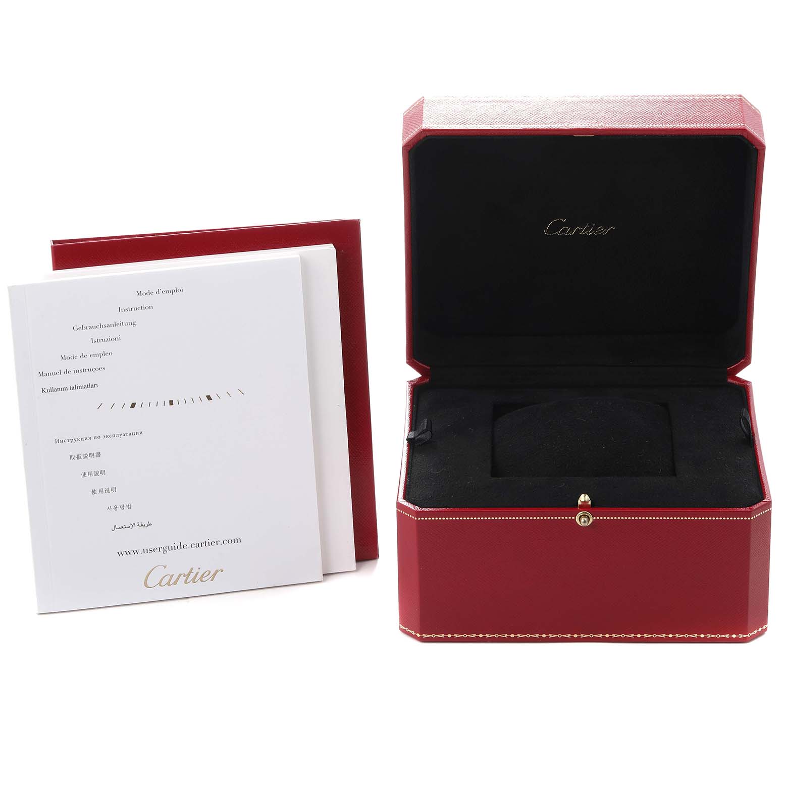 The image shows a Cartier Rotonde model W1552751 box, open to reveal a plush interior, along with instruction booklets beside it.