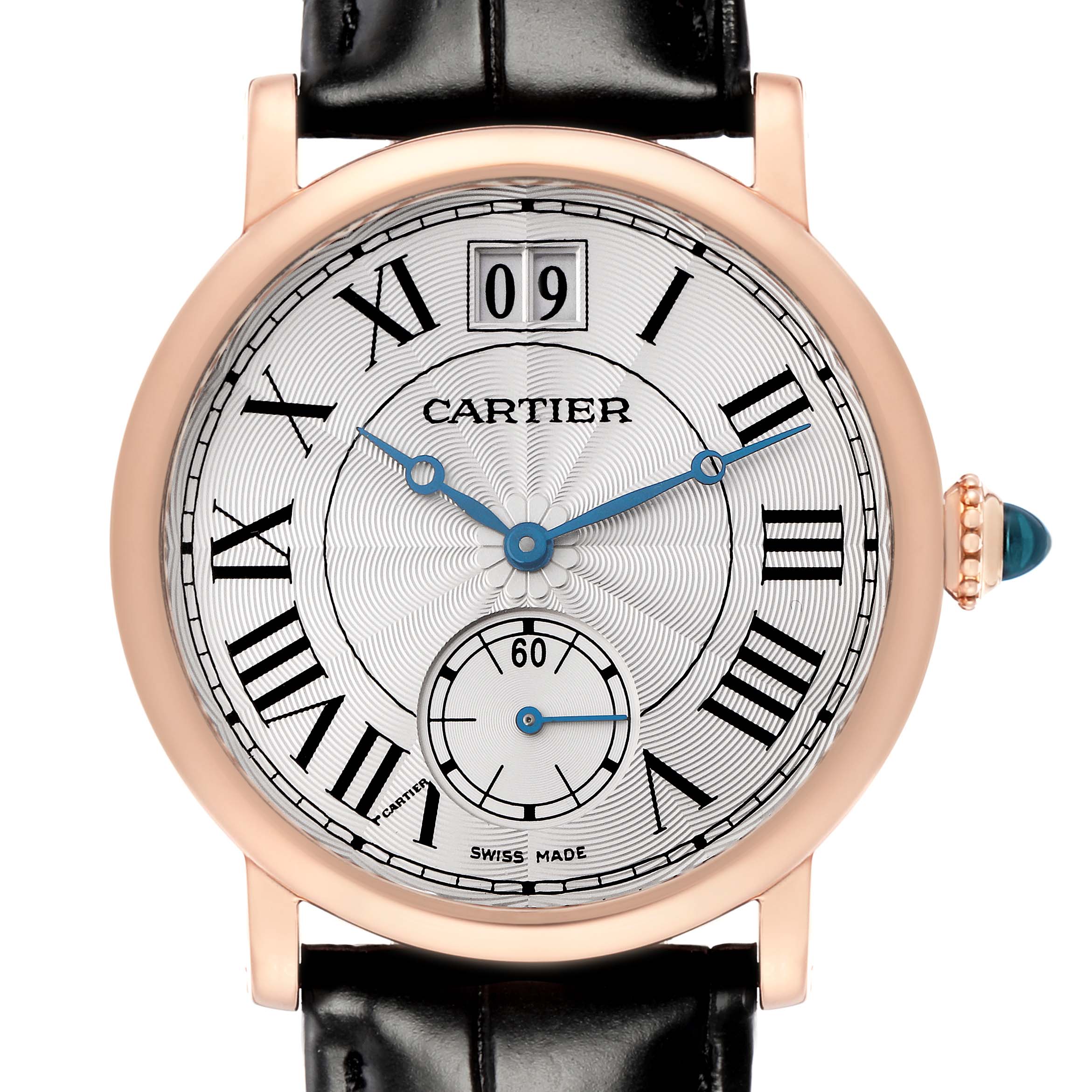 The Cartier Rotonde model W1552751 is shown from a front angle, highlighting the dial, Roman numerals, sub-dial, hands, and crown with a gemstone.