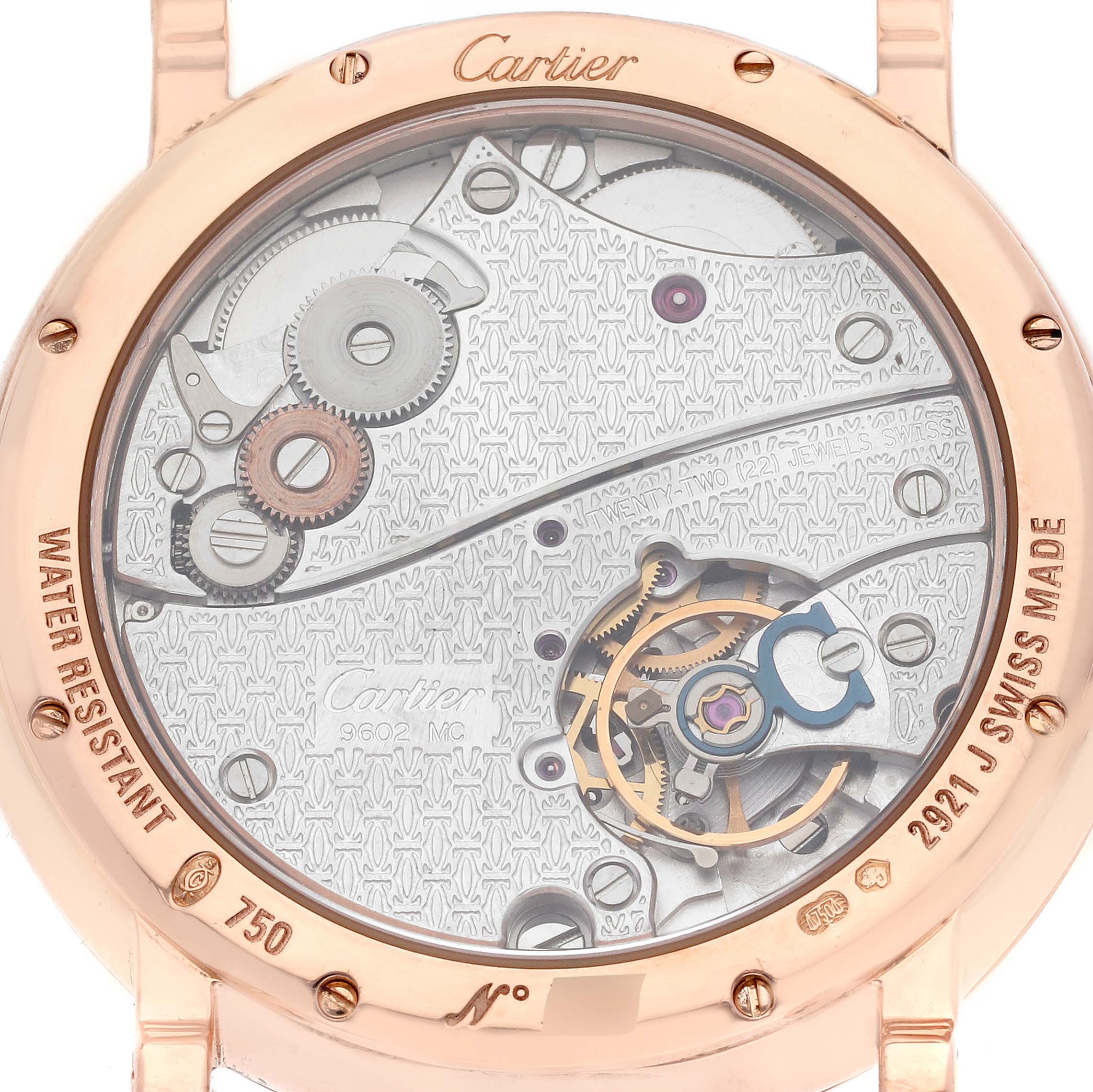 The image shows the back view of a Cartier Rotonde, model W1552751, featuring its intricate mechanical movement and engraved case details.