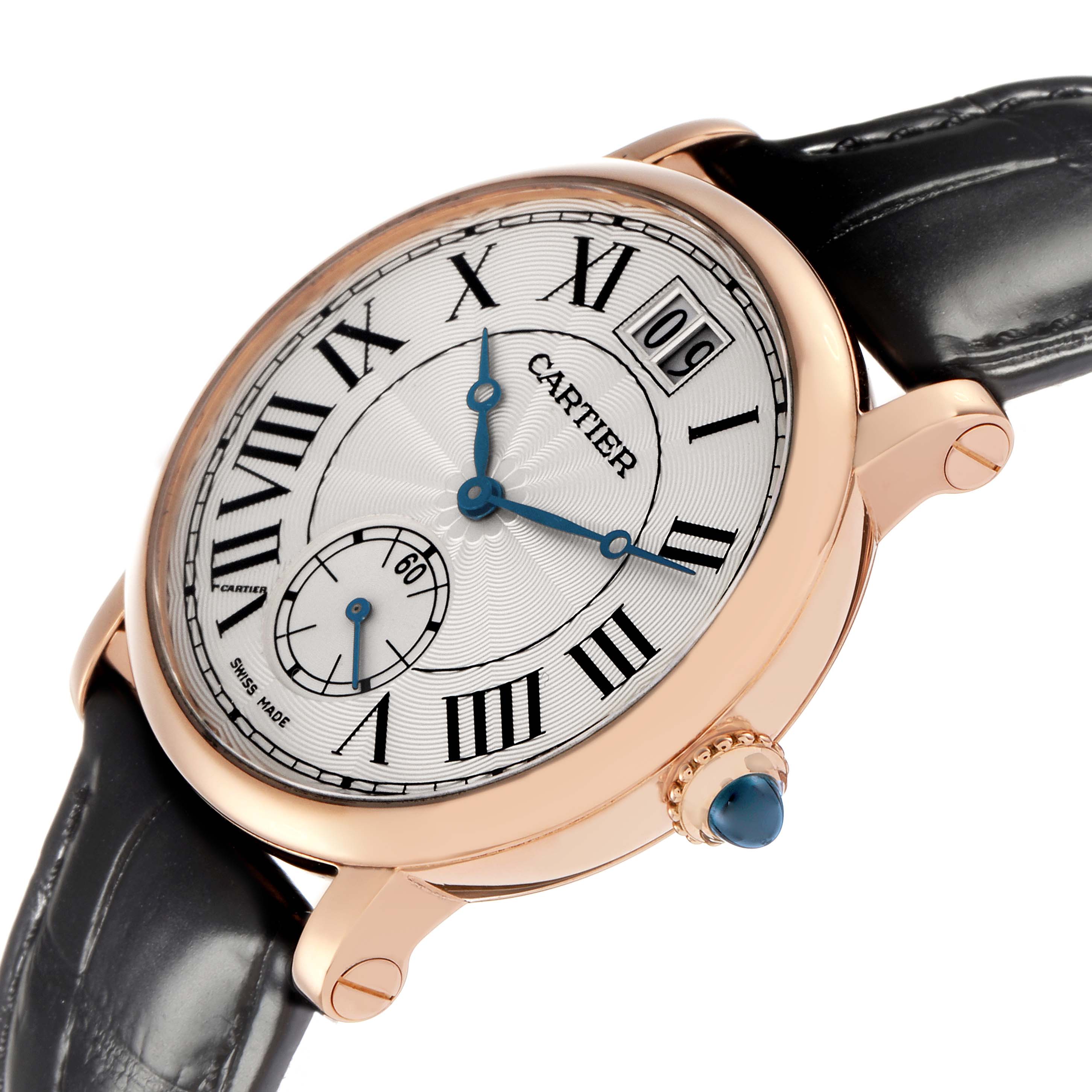 The Cartier Rotonde model W1552751 is shown at a slight angle, highlighting its rose gold case, Roman numeral dial, and black leather strap.