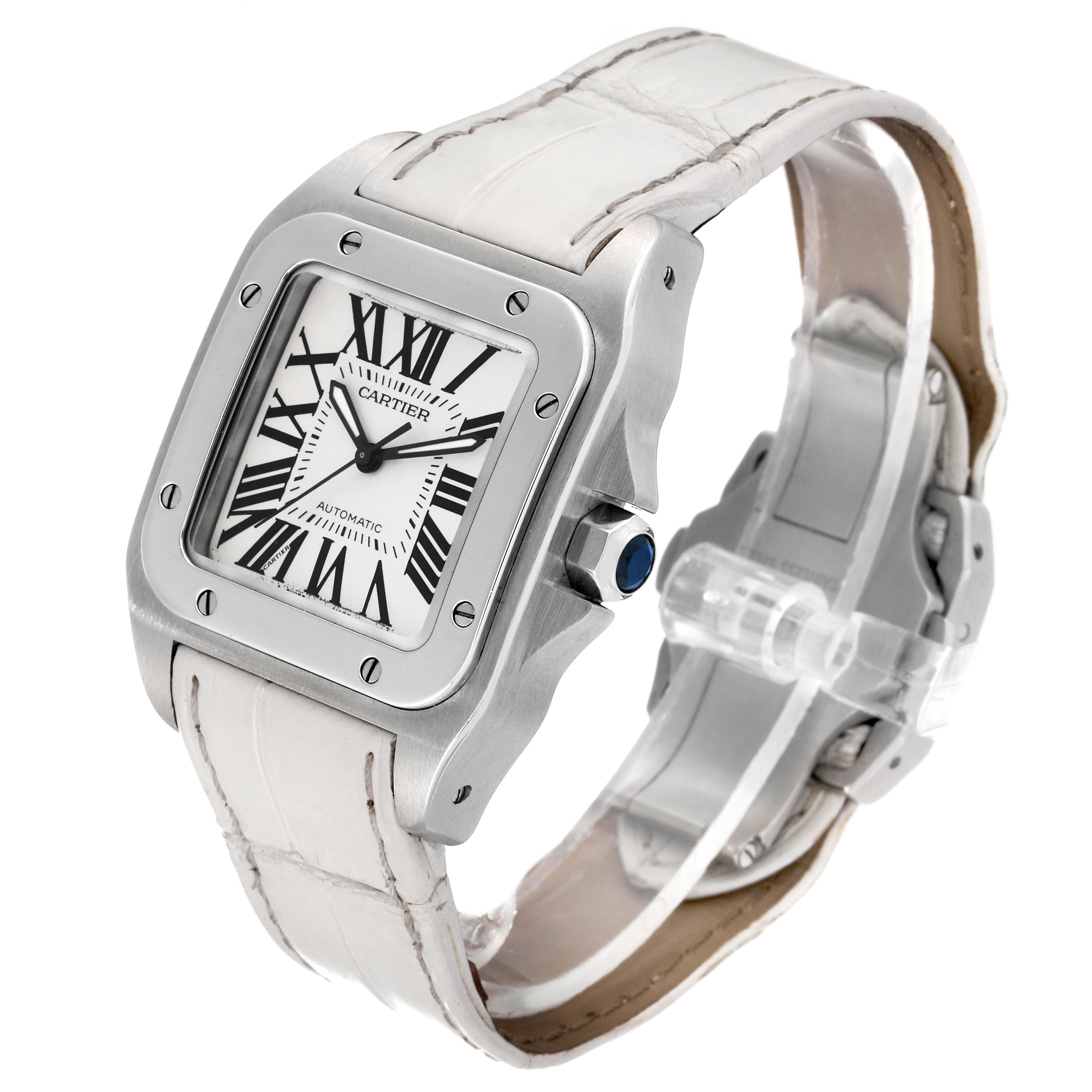 The image shows a Cartier Santos W20106X8 Men
s Stainless Steel Silver Dial W20106X8 Men
s Stainless Steel Silver Dial watch from an angled side view, highlighting its dial, bezel, crown, and white leather strap.