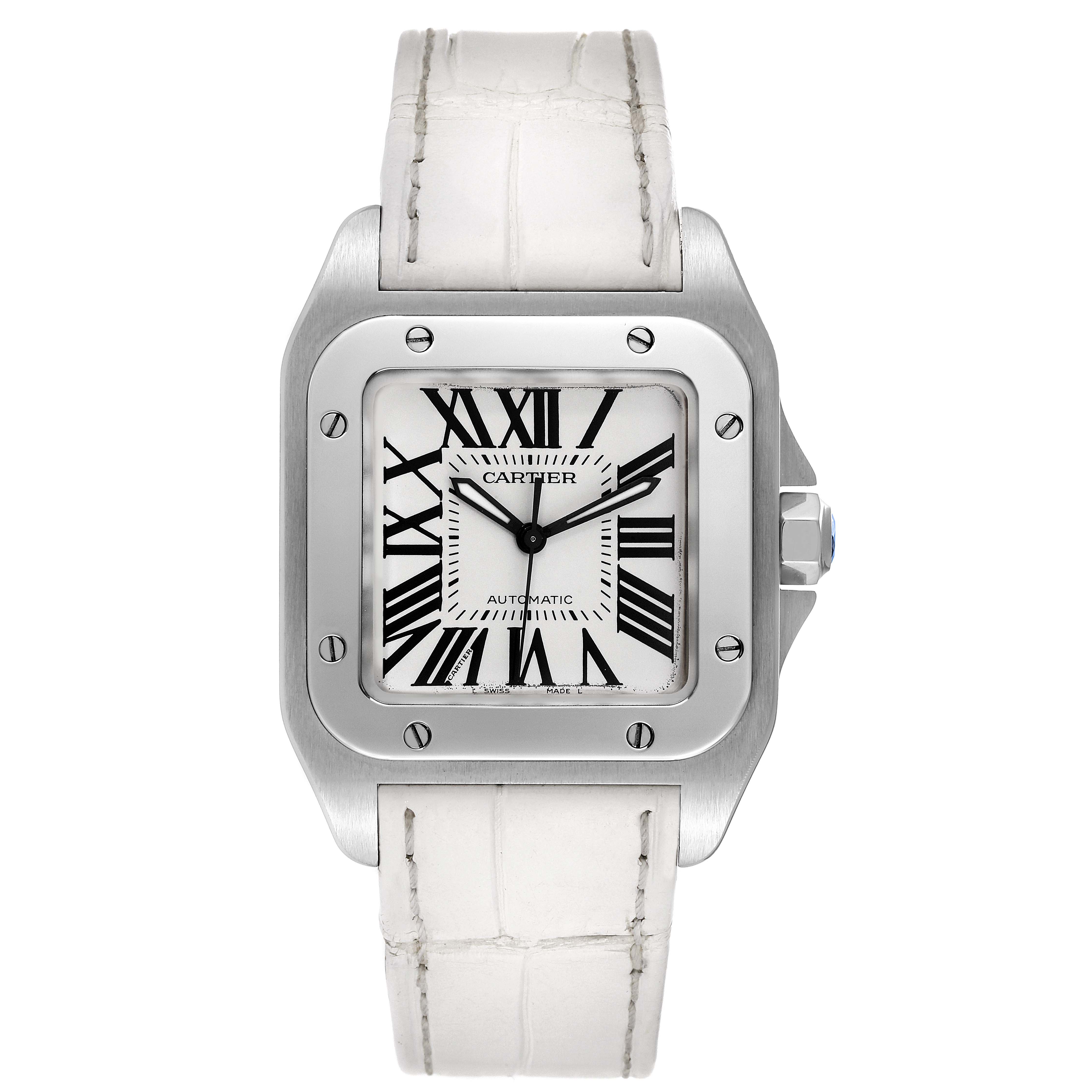 The image shows the Cartier Santos W20106X8 Men
s Stainless Steel Silver Dial W20106X8 Men
s Stainless Steel Silver Dial model watch from a front view, highlighting its face, bezel, and white leather strap.