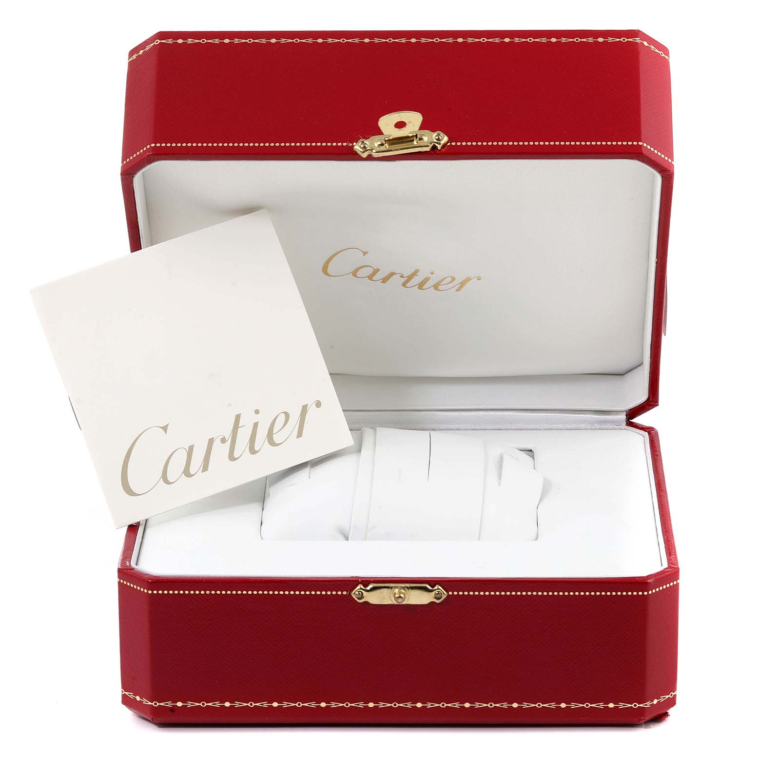 The image shows an open Cartier Santos W20106X8 Men
s Stainless Steel Silver Dial W20106X8 Men
s Stainless Steel Silver Dial red watch box from a front angle with a Cartier card inside.